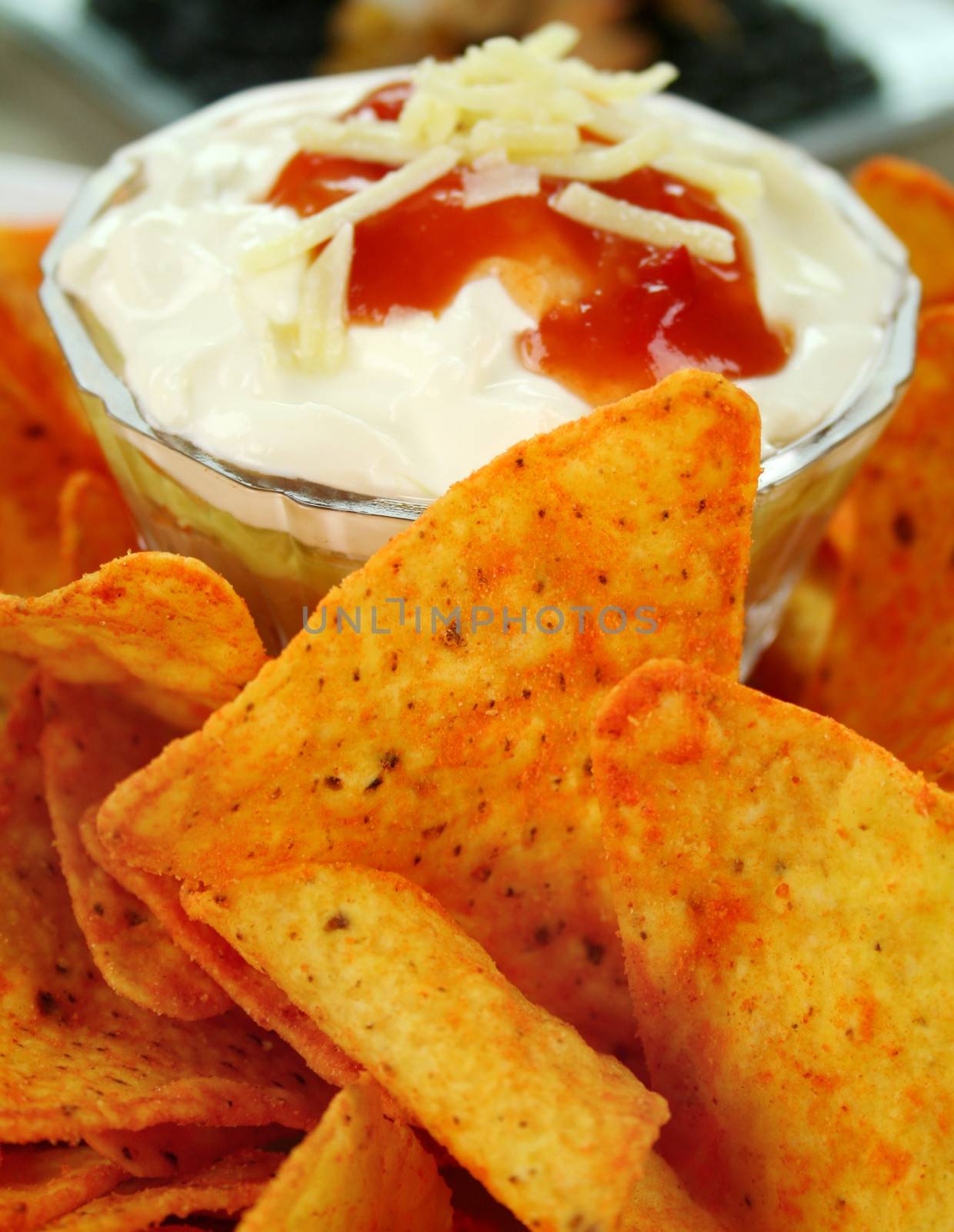 Nachos and Mexican dip topped with sour cream, salsa and grated cheese.