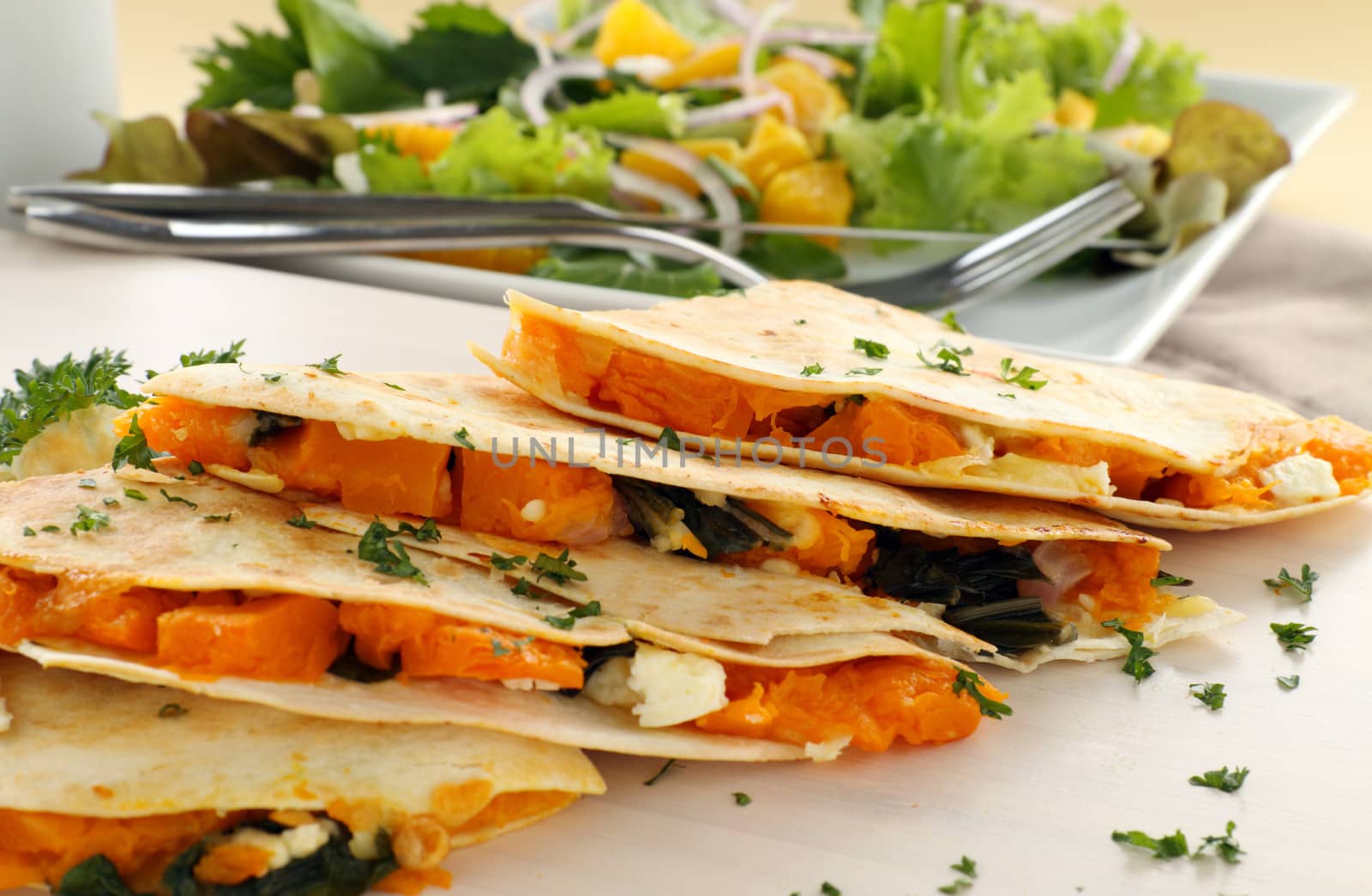 Delicious pumpkin quesadilla sliced and ready to serve with a garden salad.