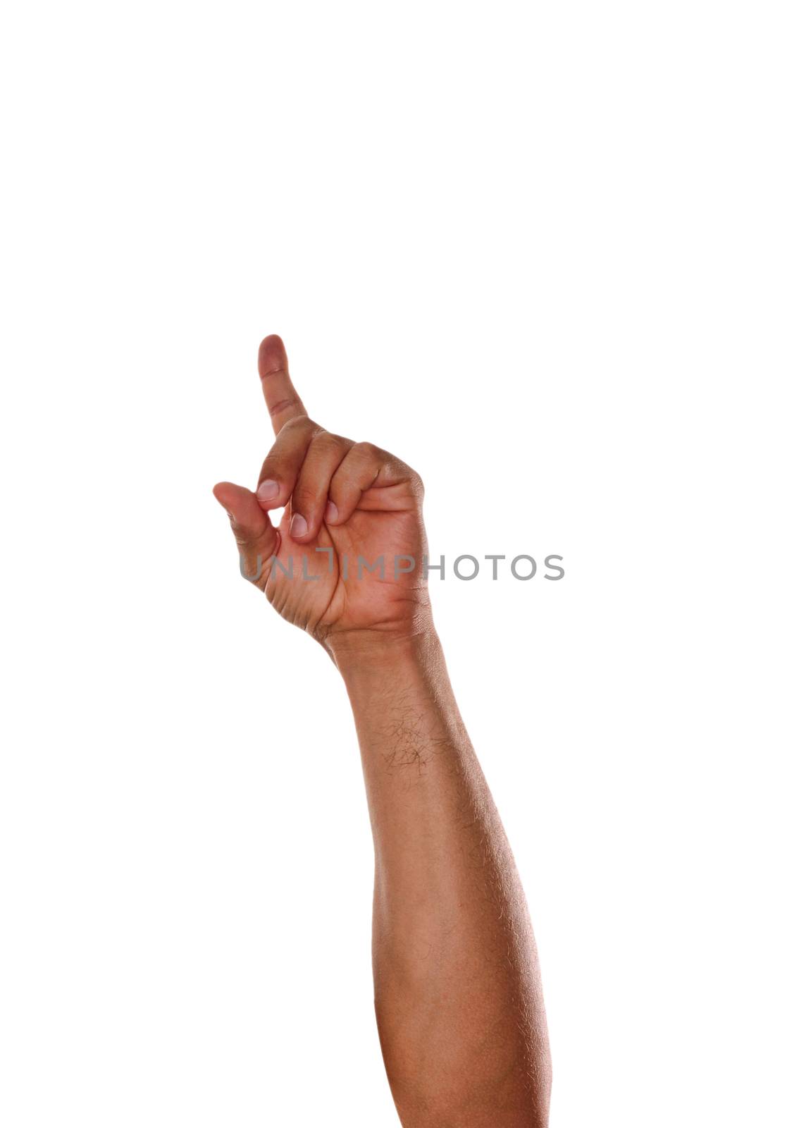 man's hand making number one sign with index finger isolated on white background 