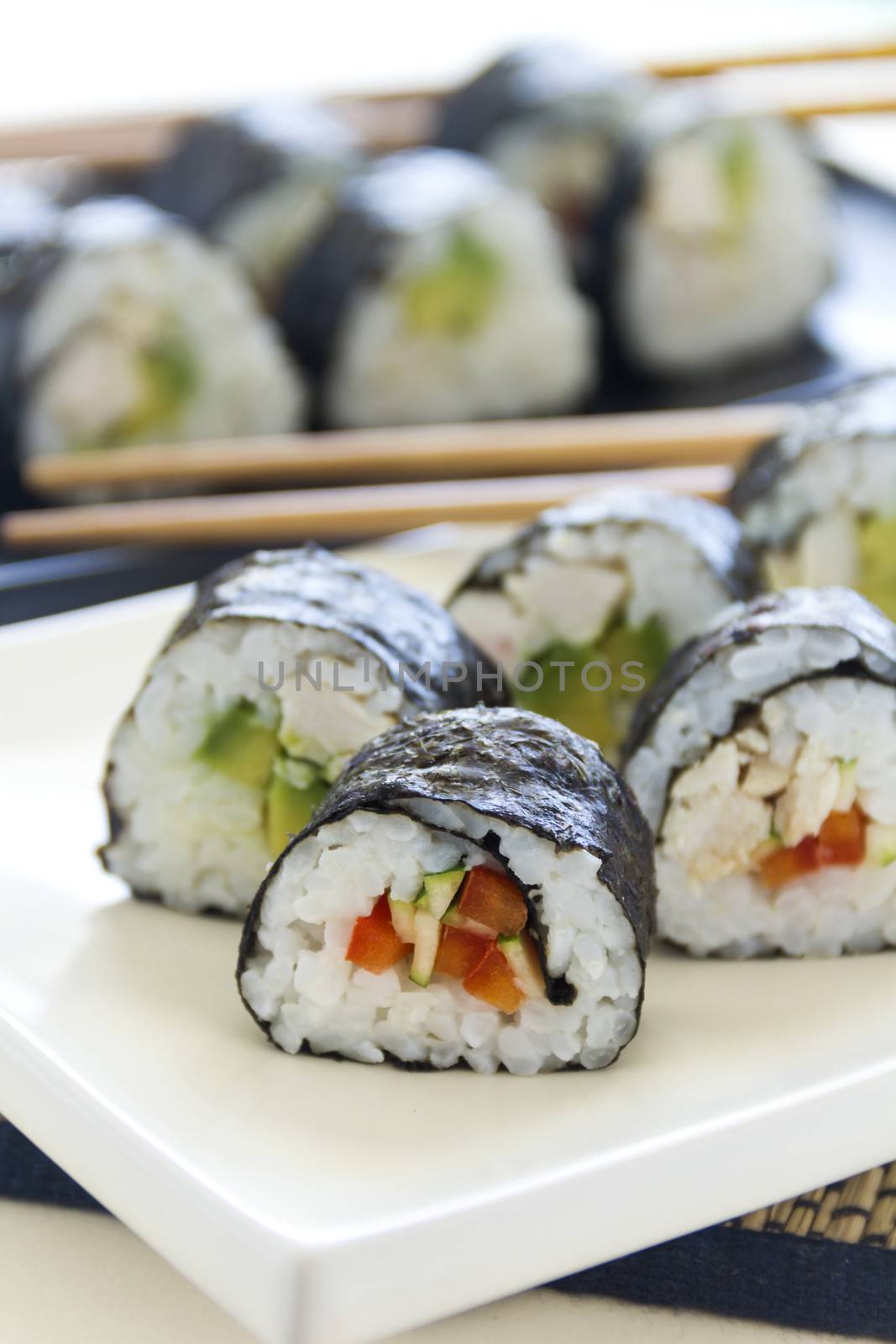 Delicious freshly rolled chicken sushi ready to serve.