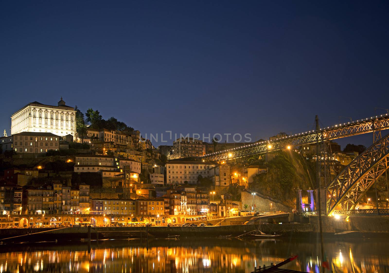 ribeira area of porto portugal at night