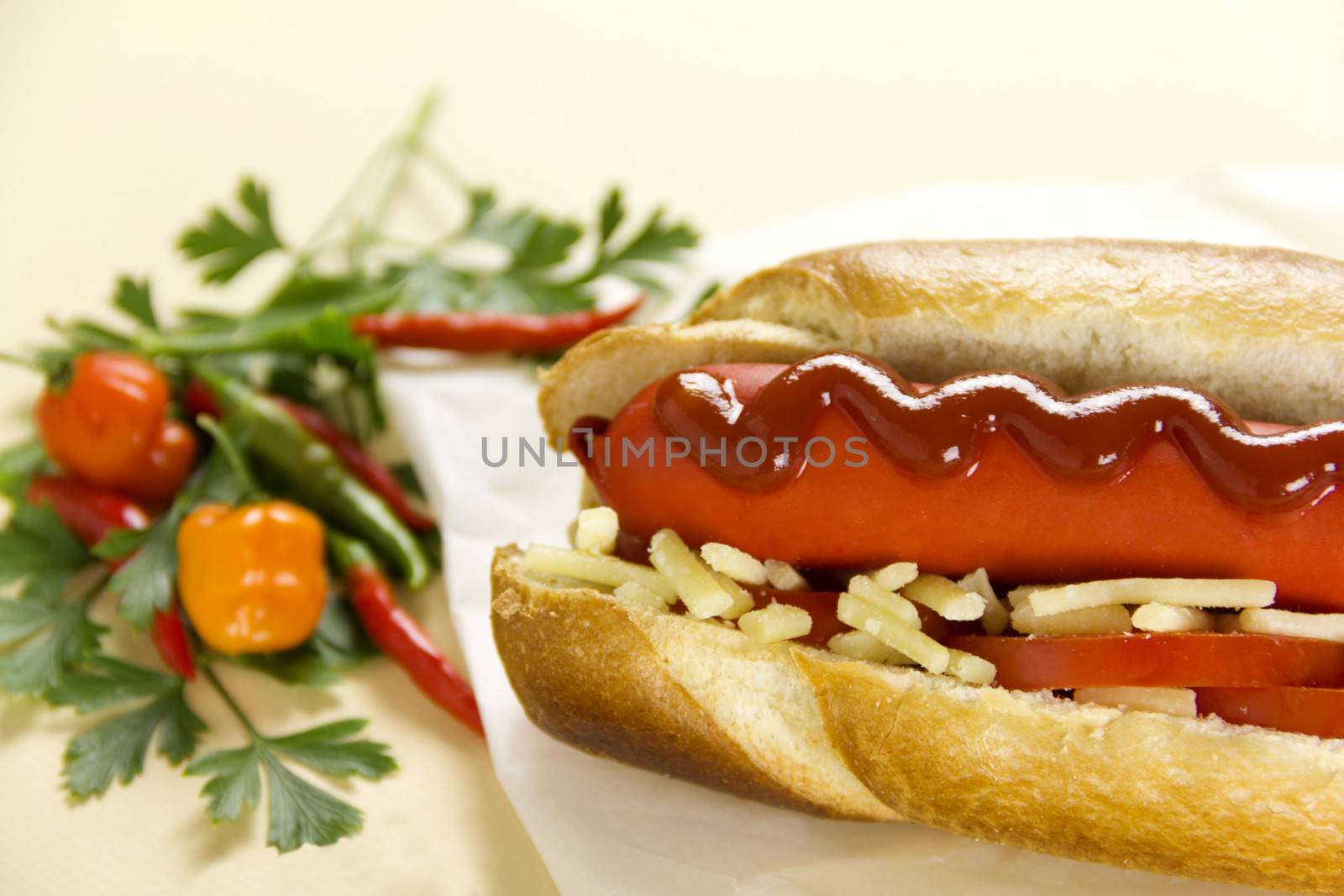 Freshly prepared hot dog with ketchup tomato cheese and fresh chillies.