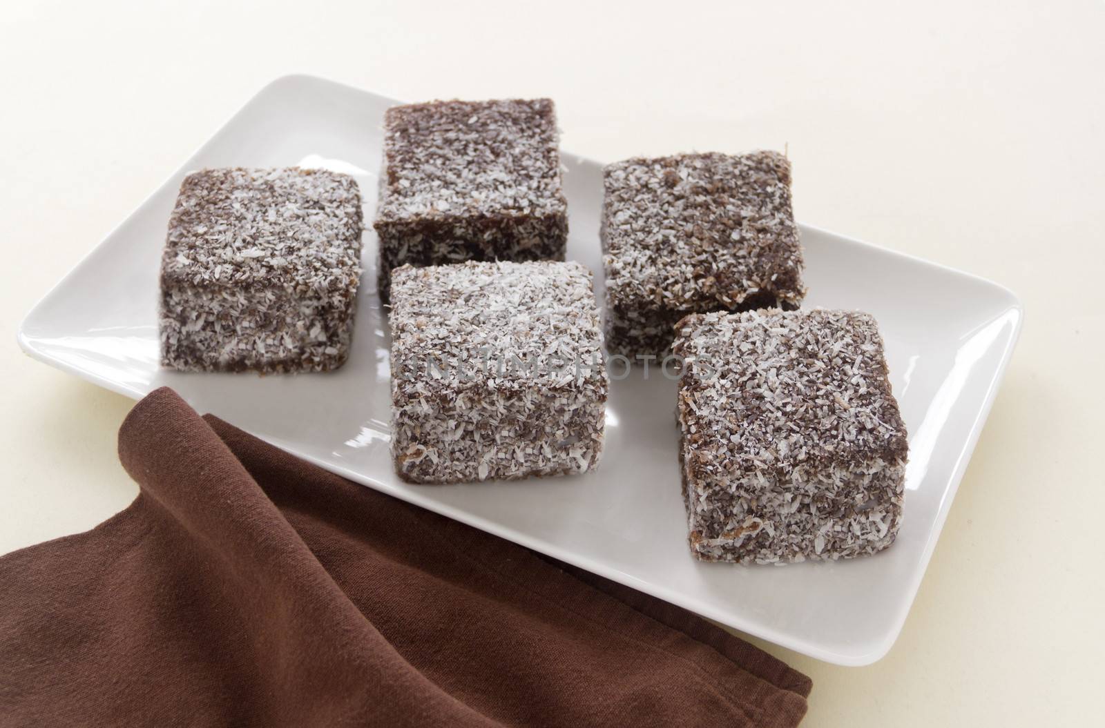 The iconic Australian cake the lamington made with chocolate and coconut.