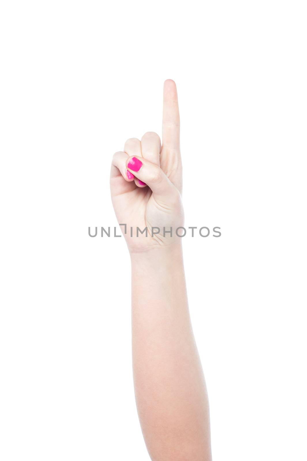 Hand showing number one, white background