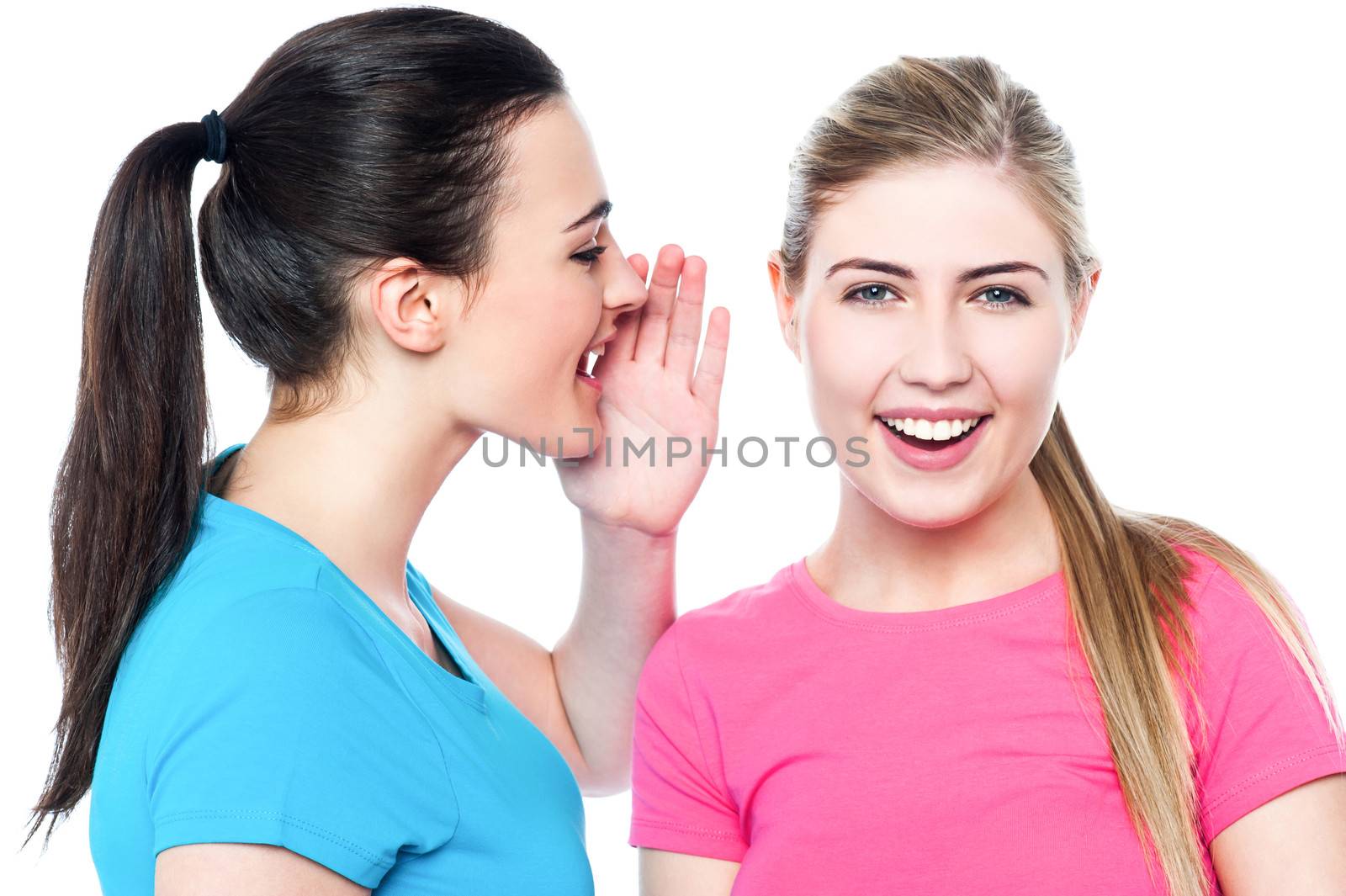 Two pretty young girls gossiping by stockyimages