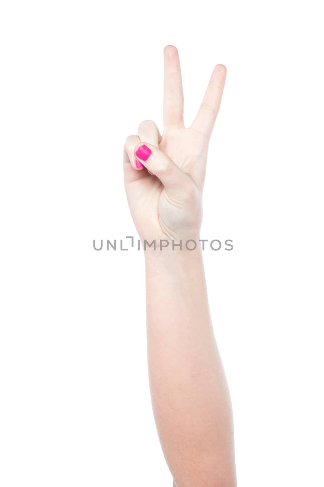 Hand showing number two, white background