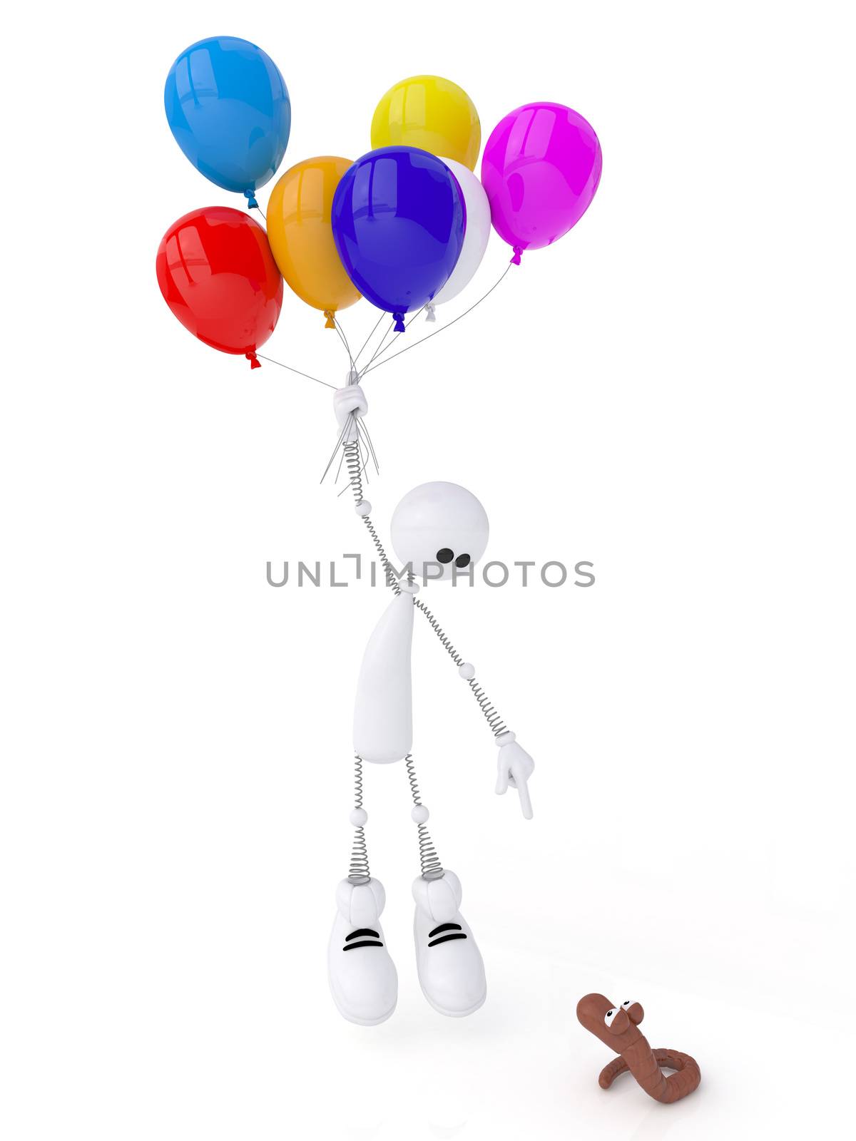 The white person on springs flies by balloons in clouds.