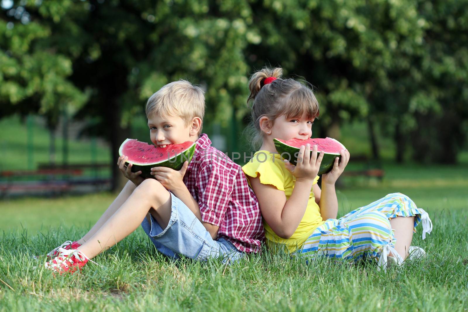 boy and little girl sitting on grass and eat watermelon by goce