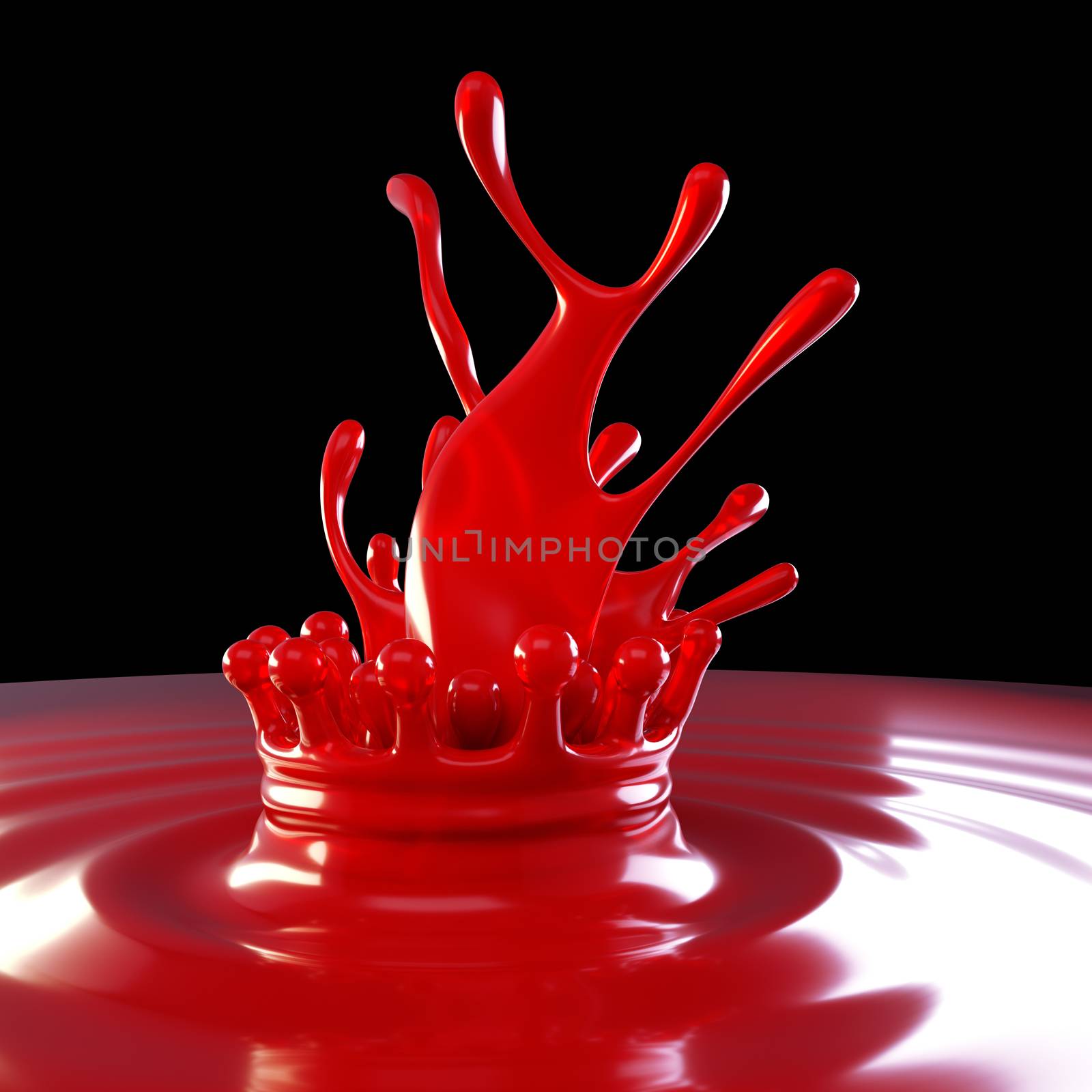 Splash of red colorful liquid with crown on black