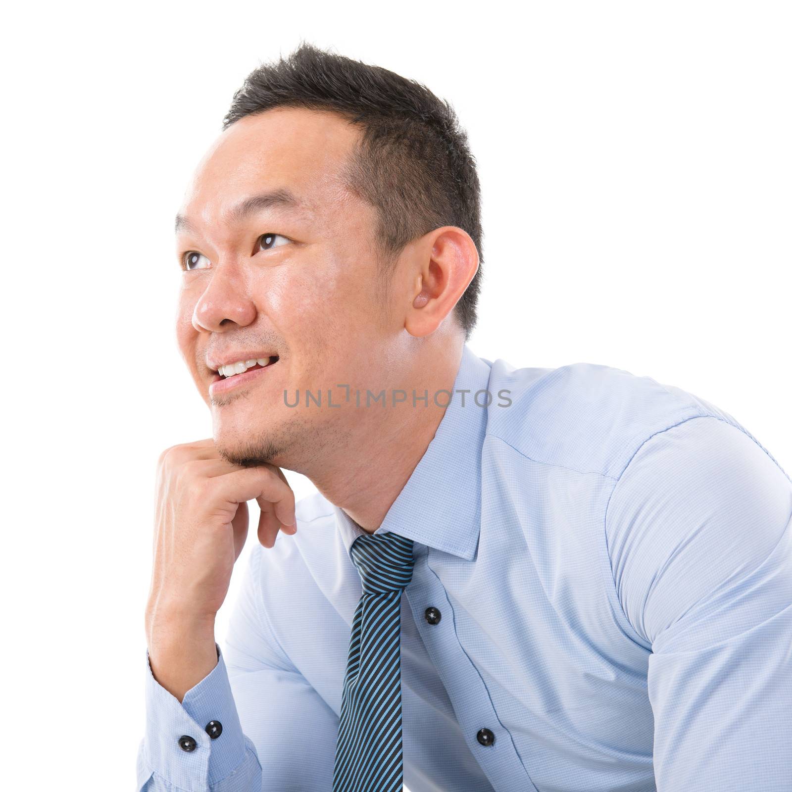 Head shot close up Asian Man thinking over white background