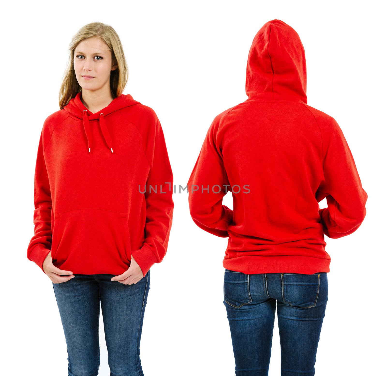 Female wearing blank red hoodie by sumners
