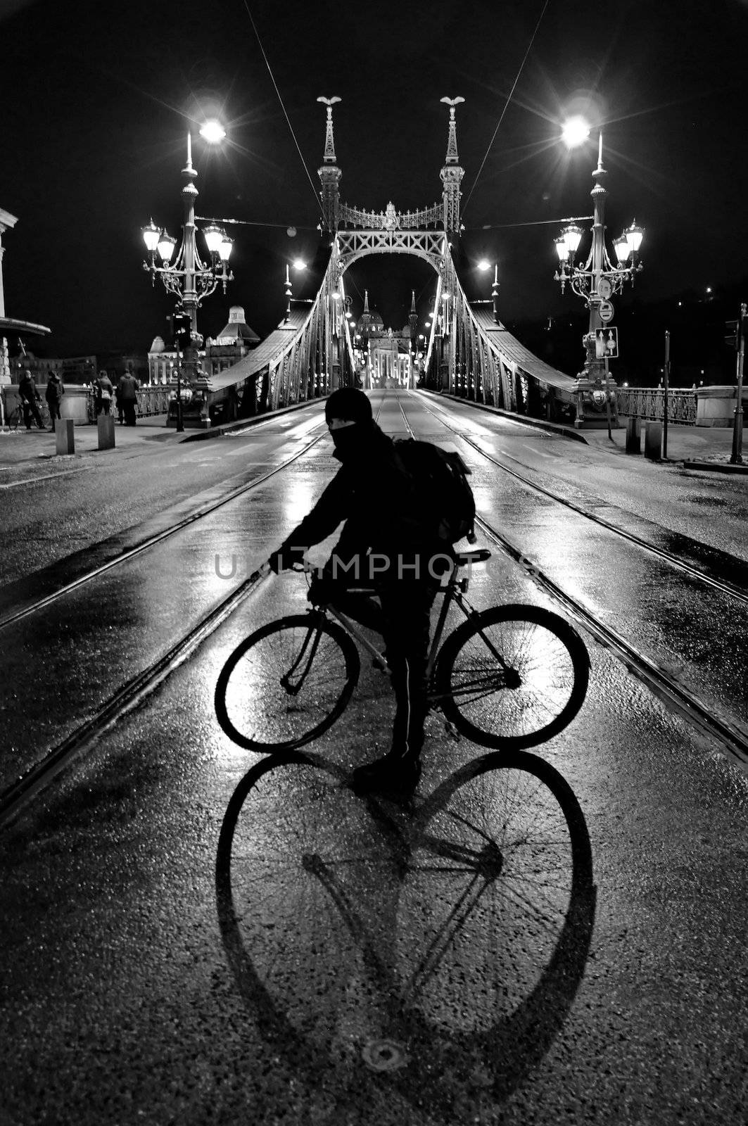 Cyclist in front of Liberty Bridge of Budapest at night by anderm