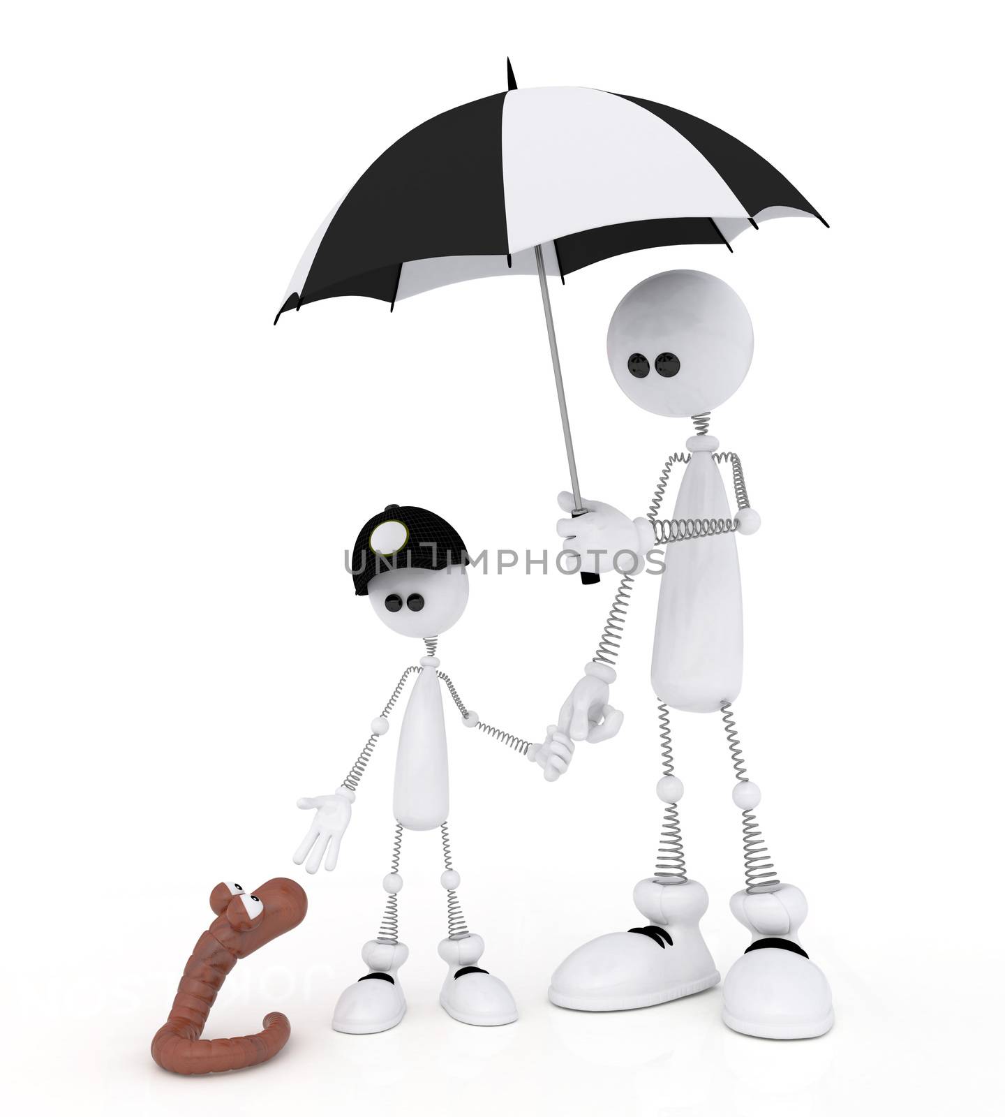 The white person on springs walks with the son with an umbrella.