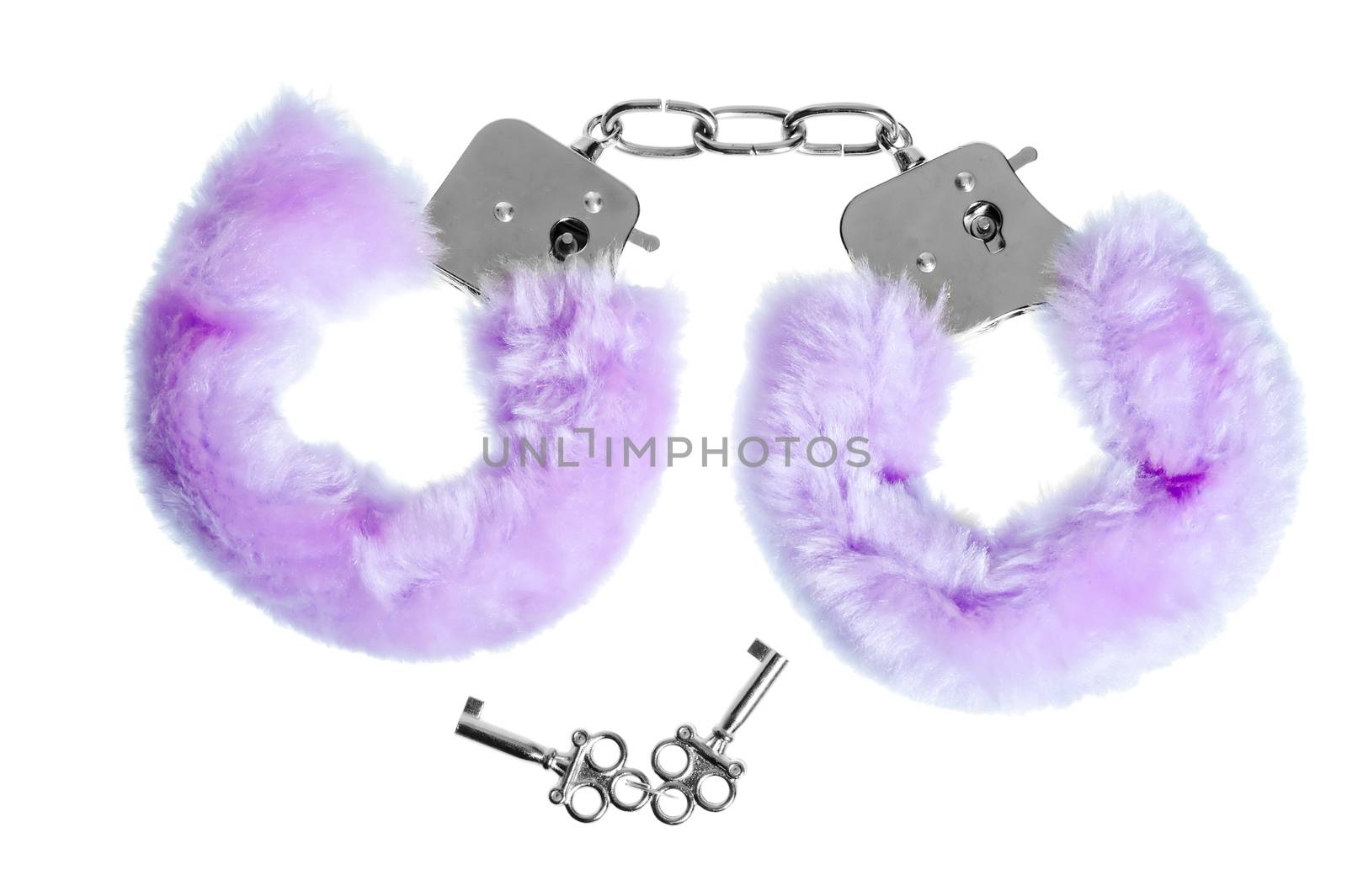 fur handcuffs with a key to love games on a white background