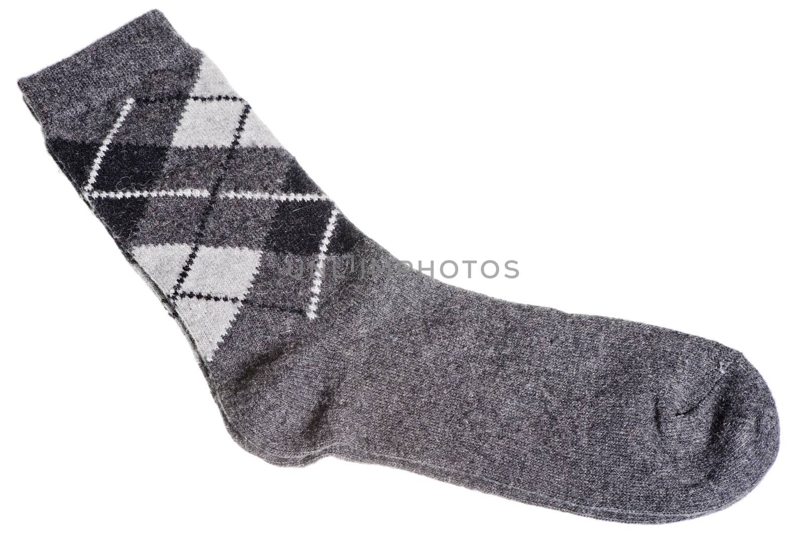 Warm woolen socks with a pattern of diamonds on a white background