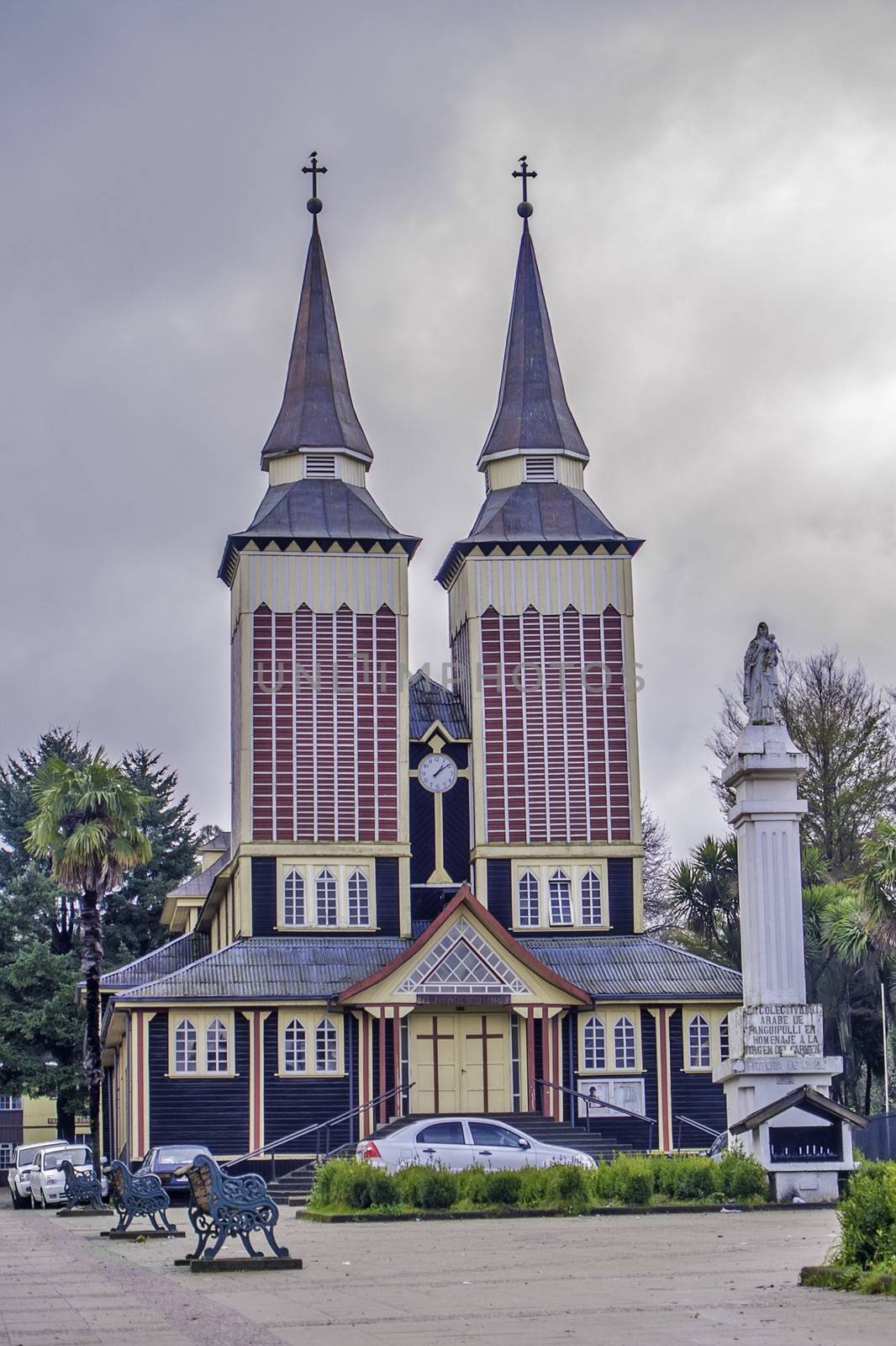 Panguipulli, June 2013. Double tower church of Panguipulli in Chilean Patagonia.