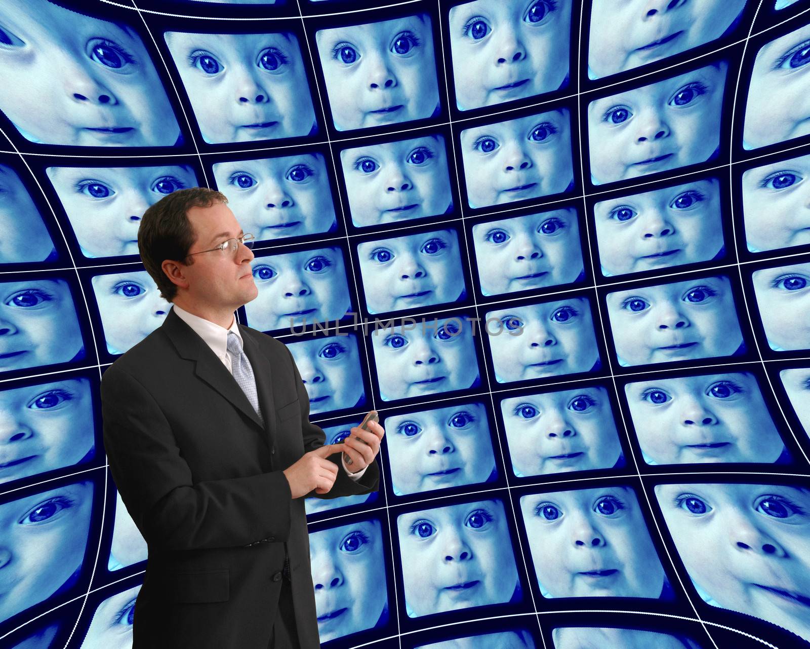 Man in suit monitoring babies on distorted bluish video screens