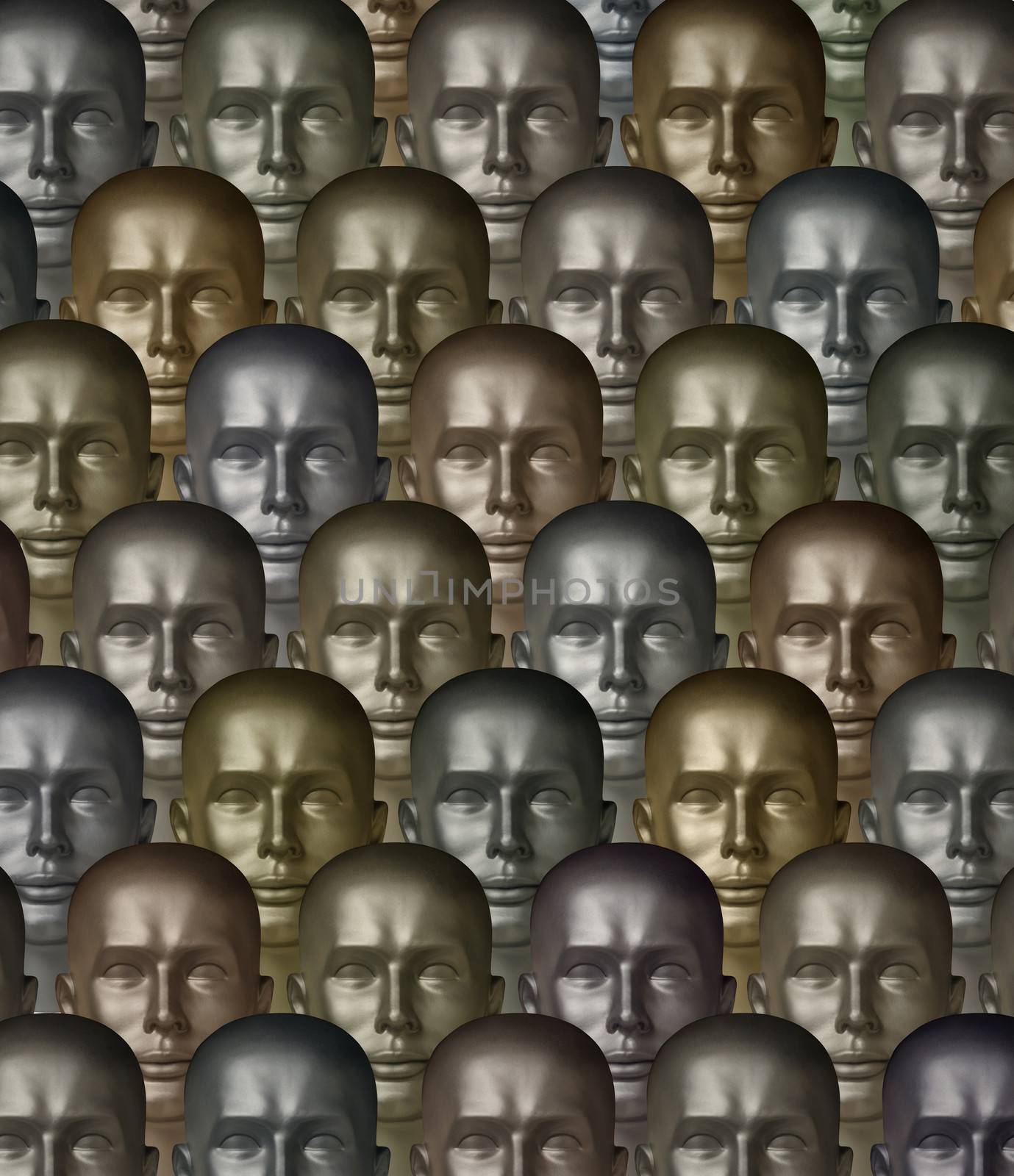 Rows of metallic robot androids of various metals or alloys