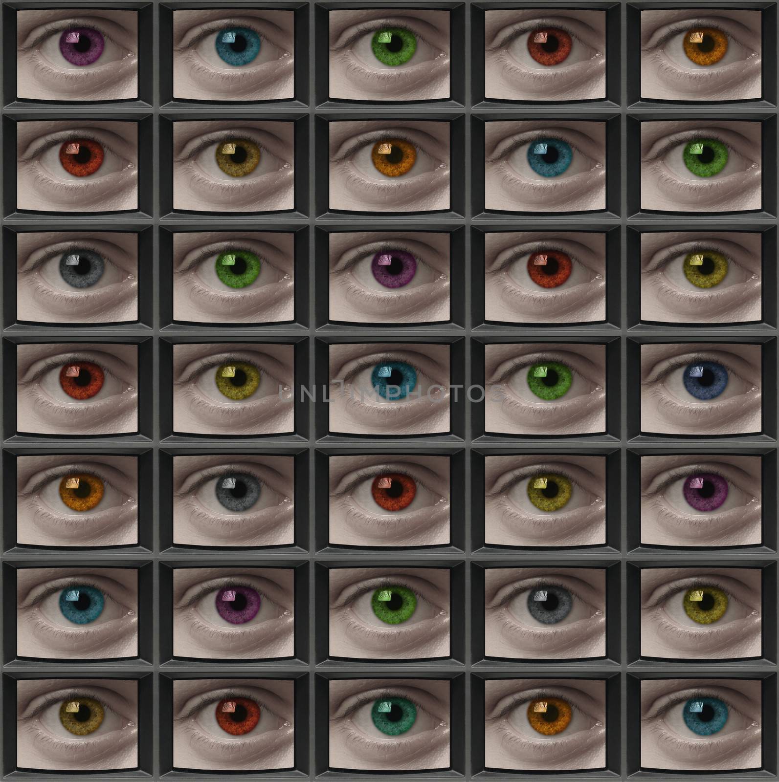 Video screens with close-ups of eyes with different color pupils