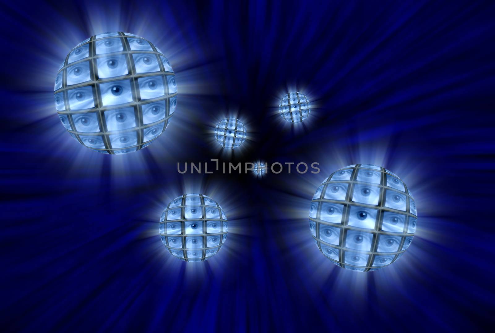 Spheres with video screens showing eyes moving through a blue vortex