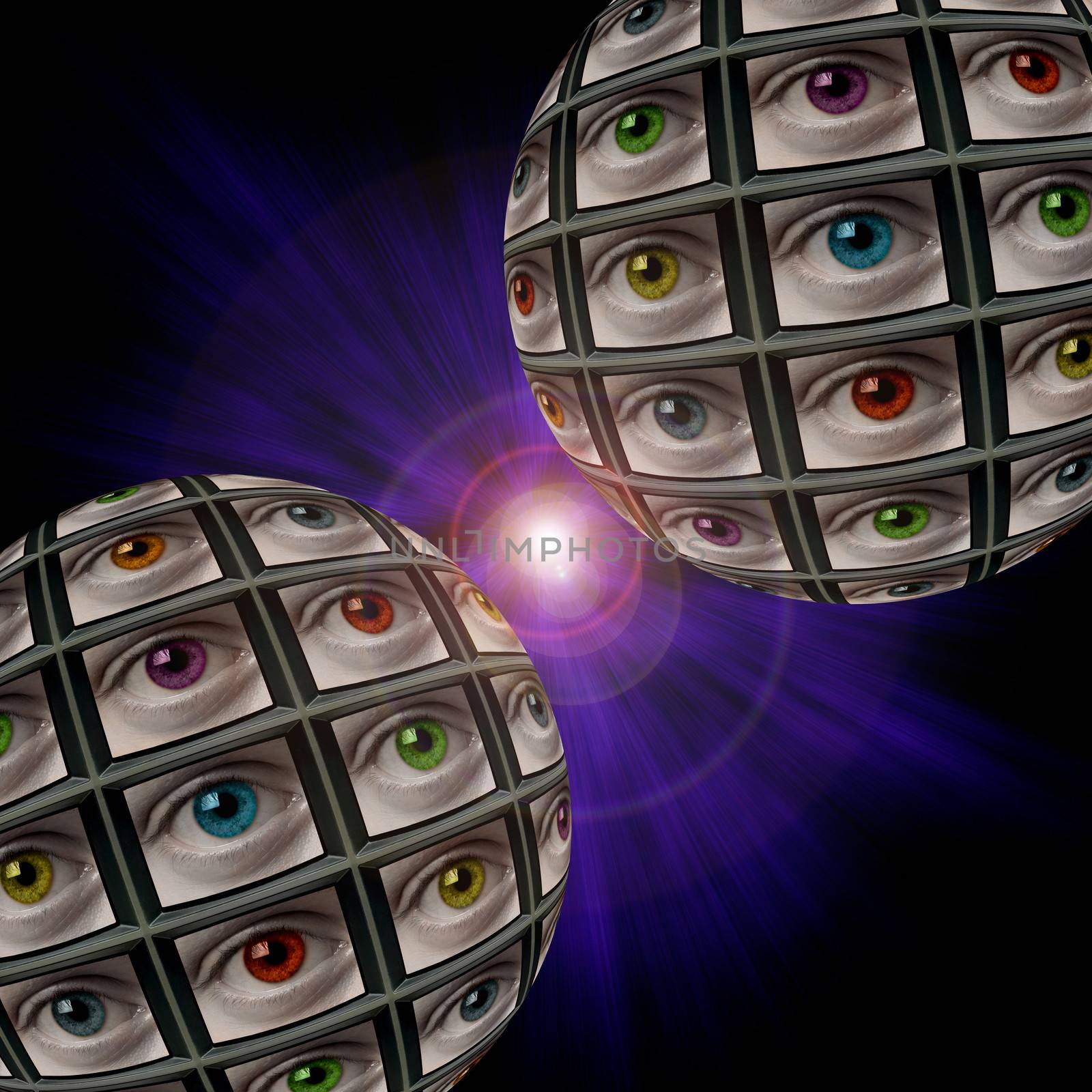 Two sphere of video screens showing multi-colored eyes, in a bluish vortex with lens flare