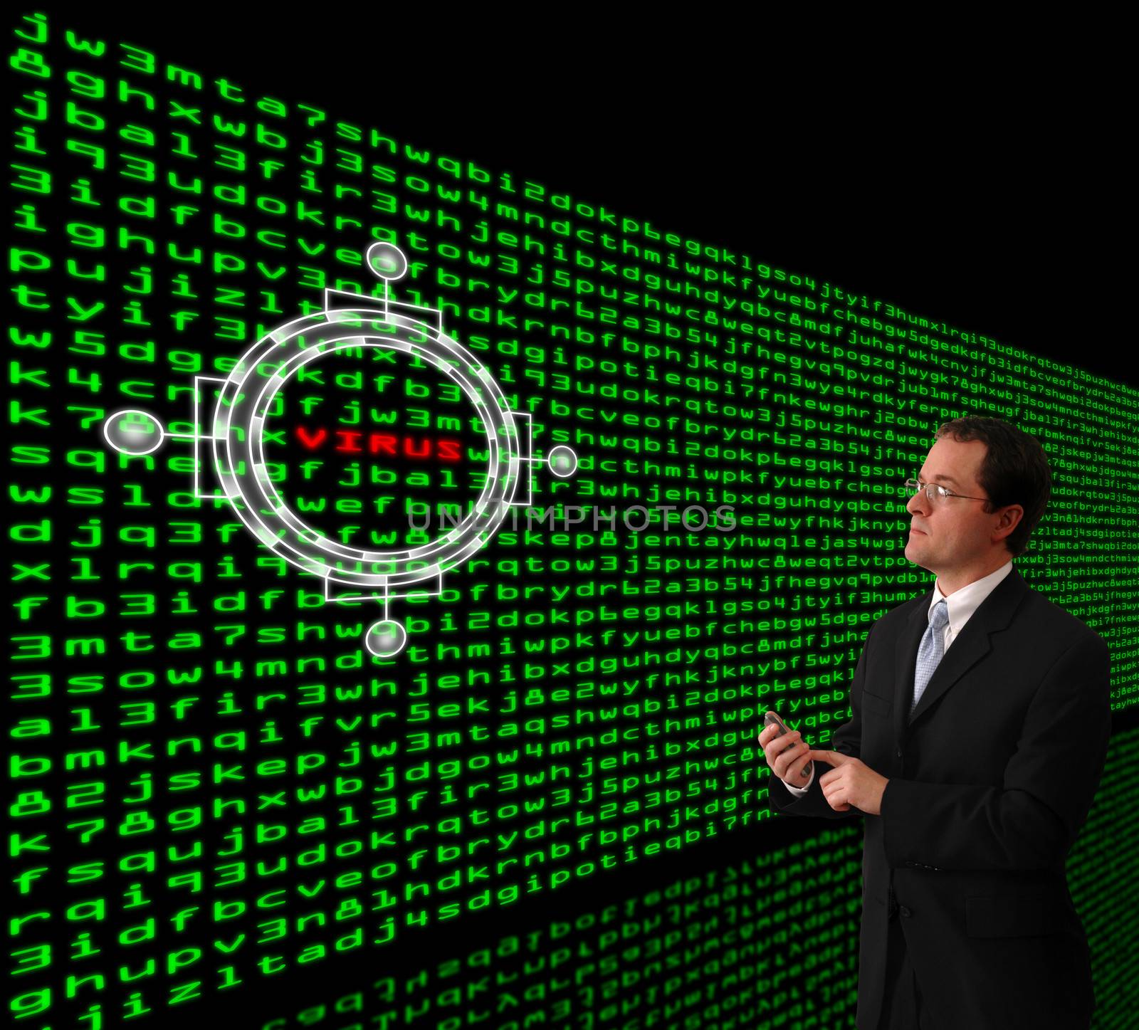 Man in a suit detecting computer virus in a wall of machine code
