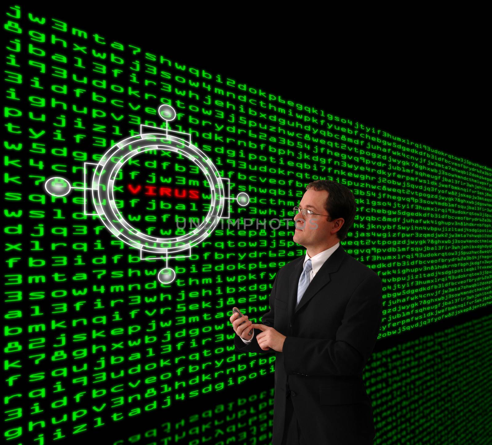 Man in a suit detecting computer virus in a firewall of machine code