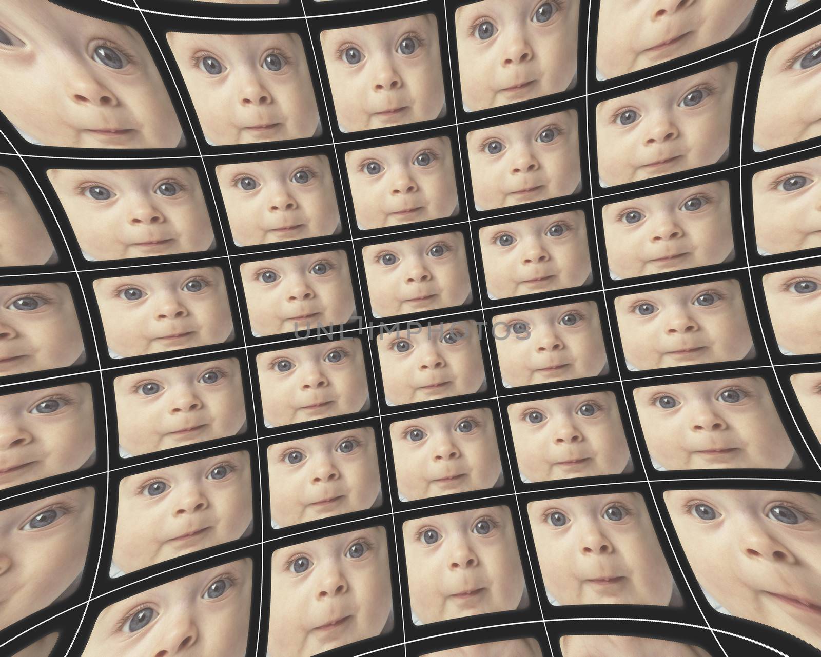 Distorted video screens showing the identical faces of a baby