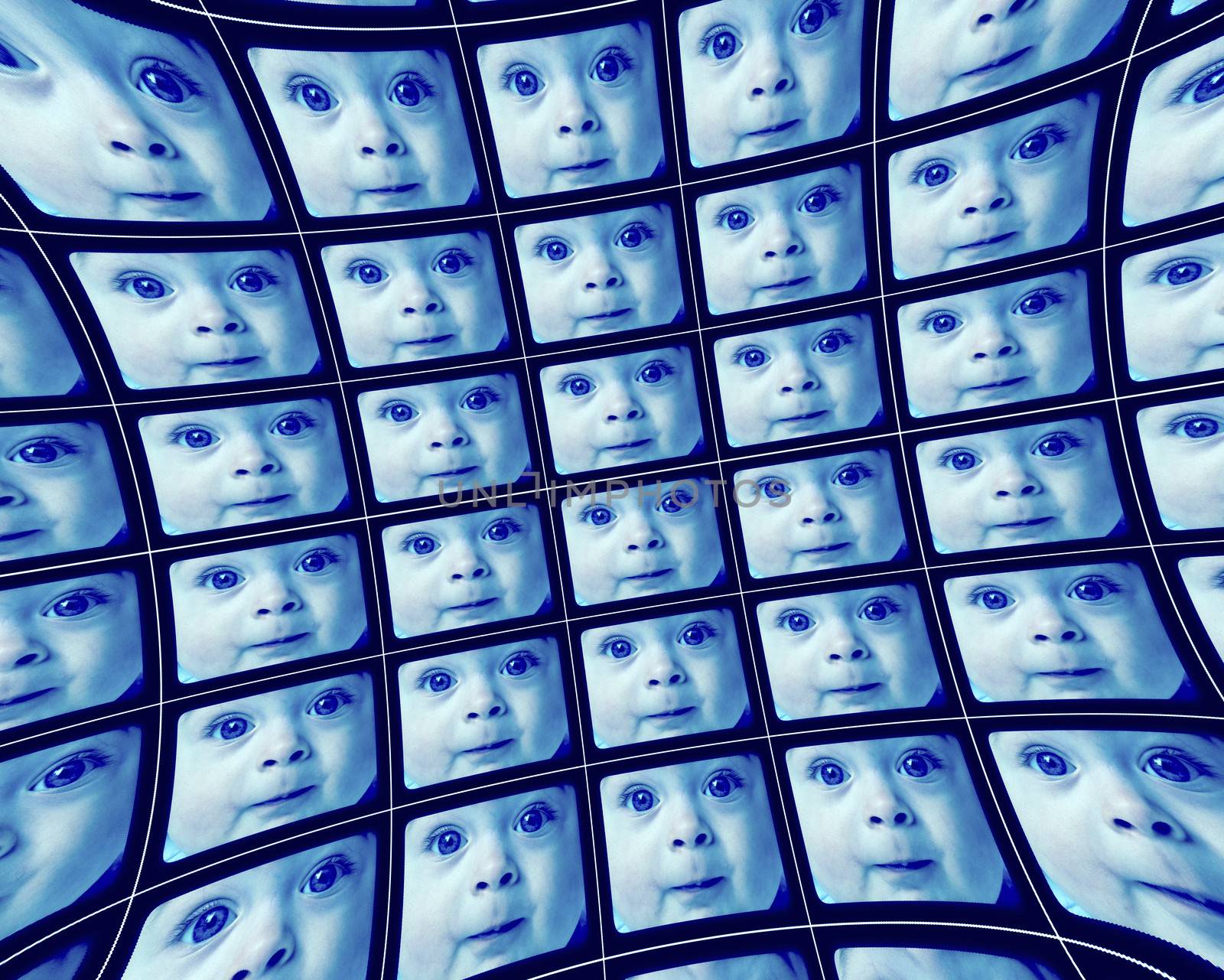 Distorted blue video screens showing the face of a baby by Balefire9