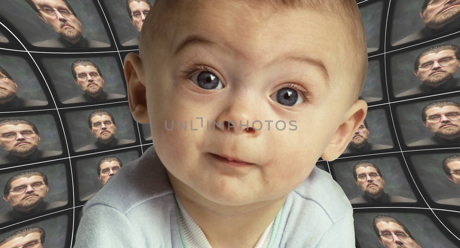 A baby facing the camera surrounded by distorted screens of an Orwellian figure. Child indoctrination by the state.