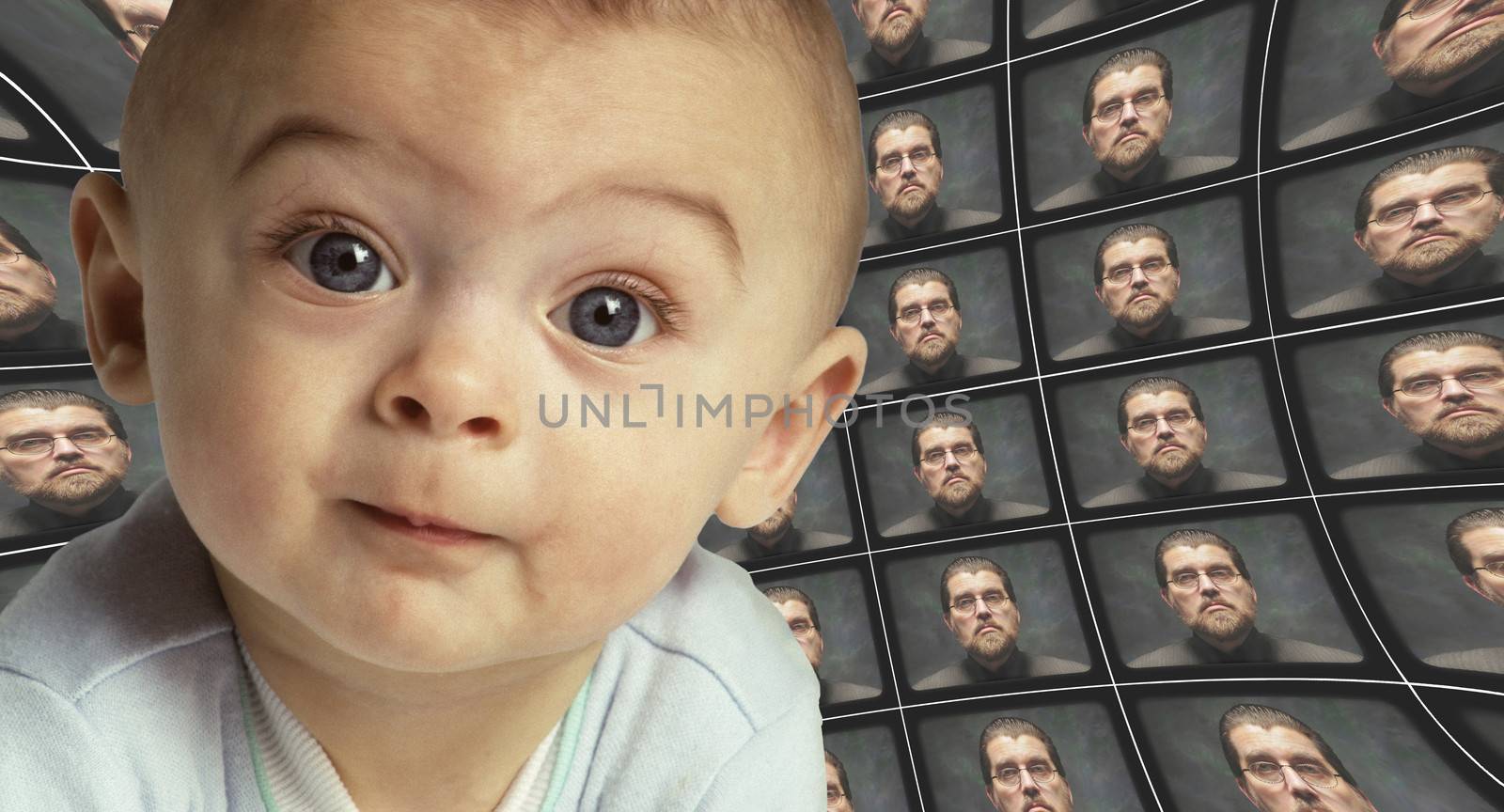 A baby facing the camera surrounded by distorted screens of an Orwellian figure. Child indoctrination by the state.