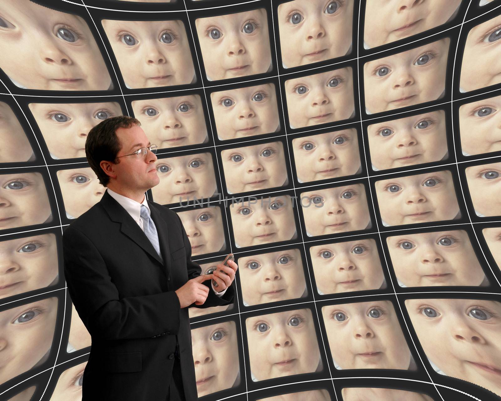 Man in suit monitoring babies on distorted video screens by Balefire9