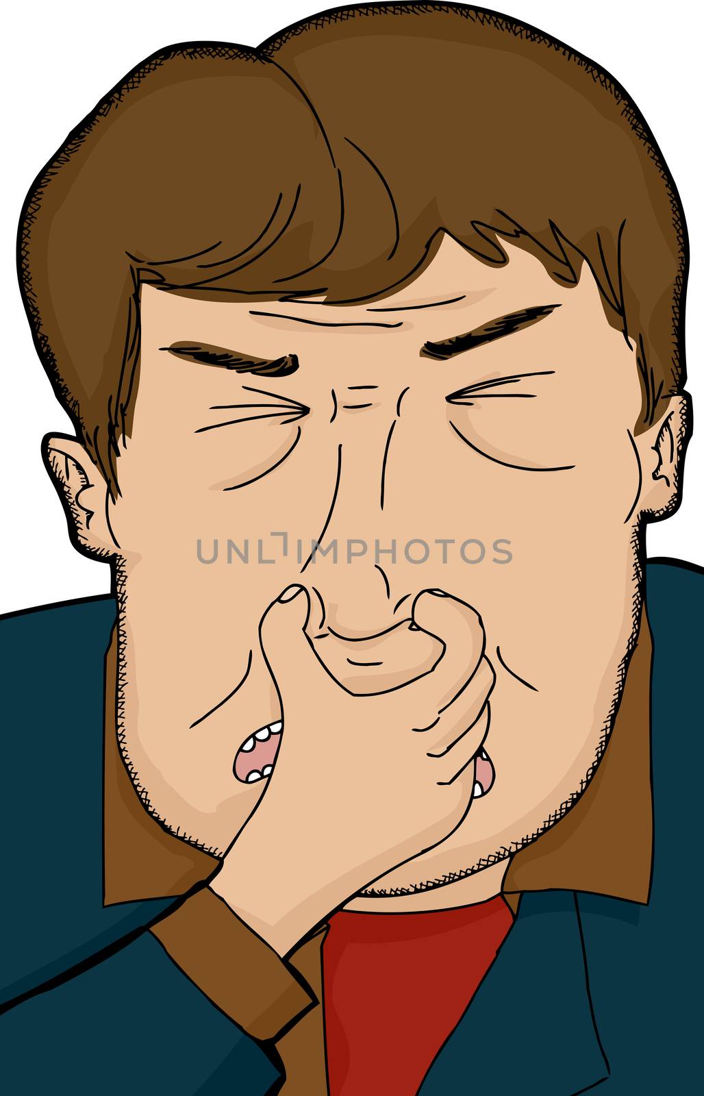 Mature Caucasian man holding nose over isolated background