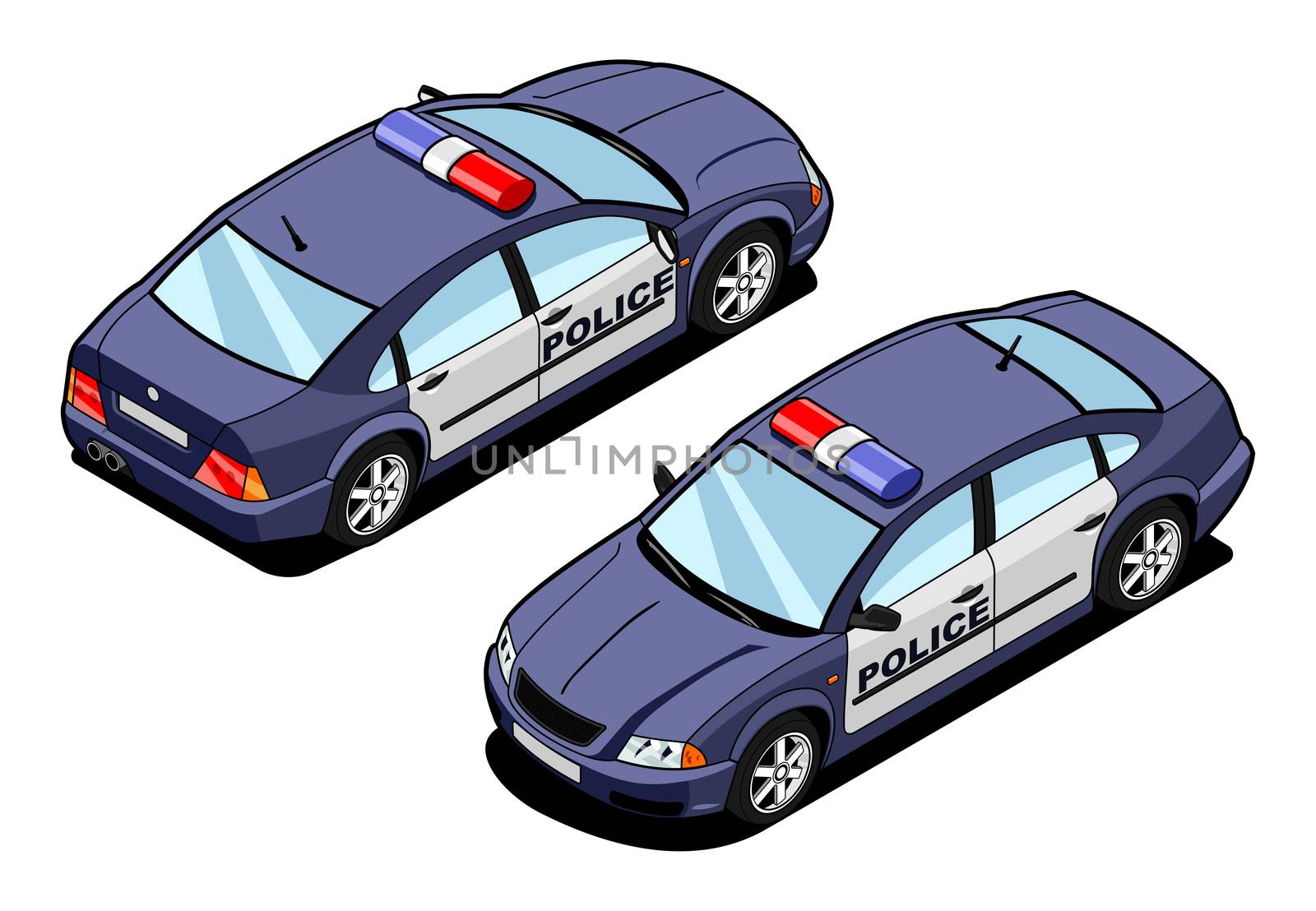 isometric illustration of police car. (front and rear view) 