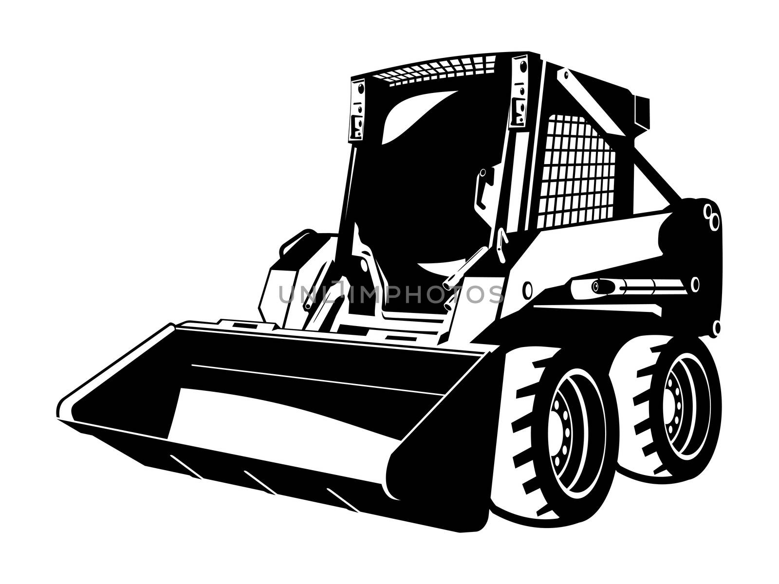 A small skid loader. black and white  illustration