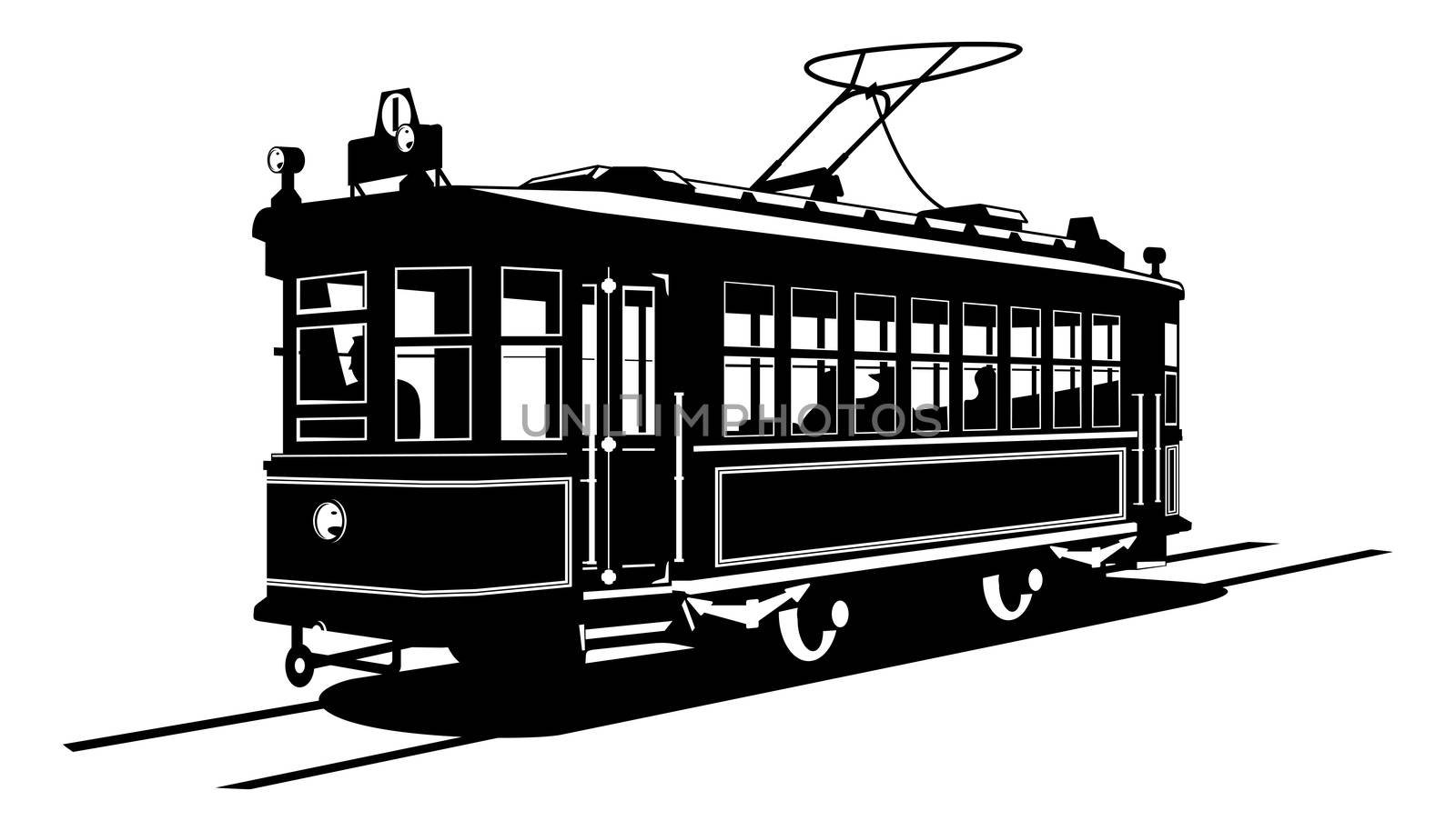 Vector black and white illustration of  tram. 