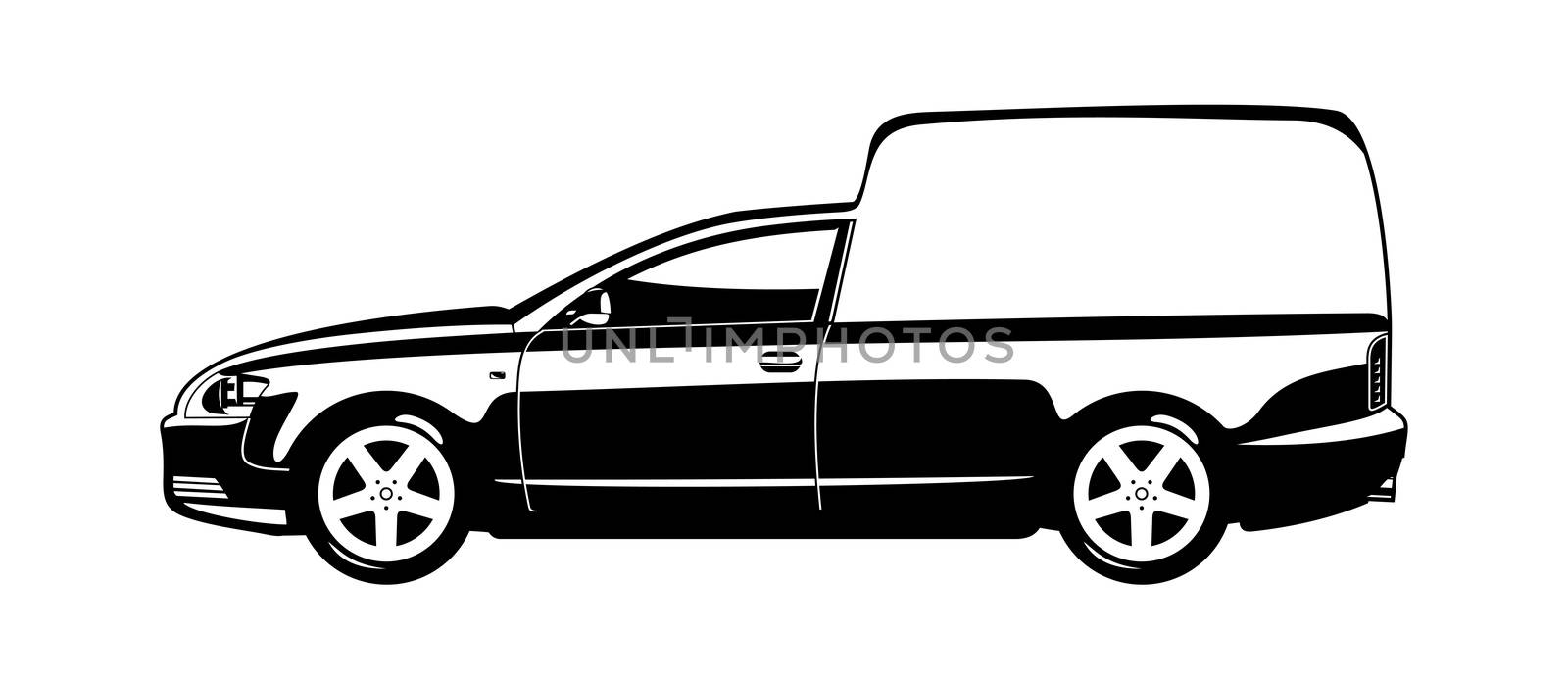 black and white illustration of van