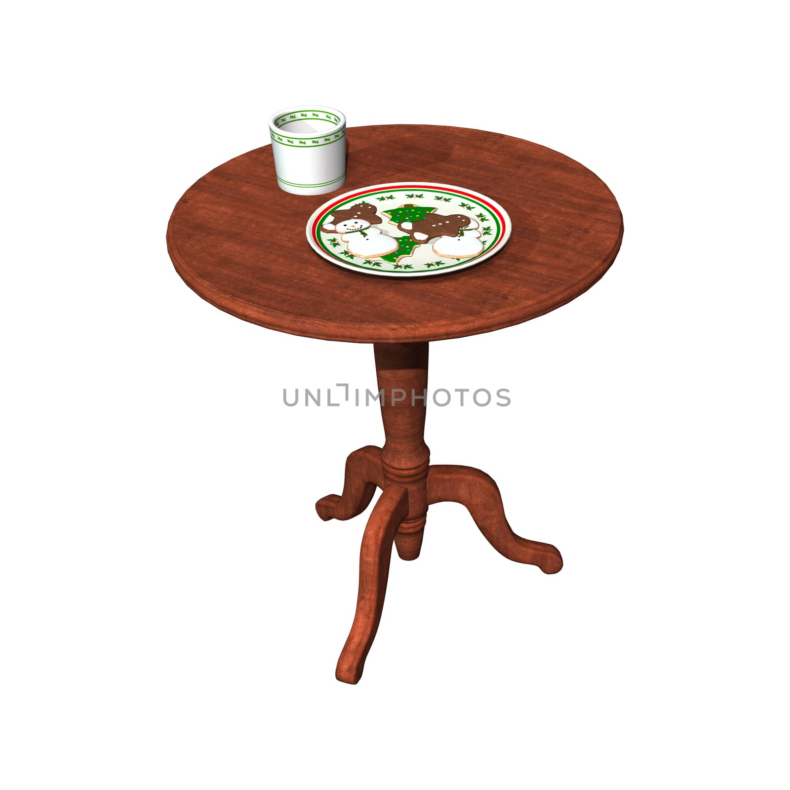 3D digital render of a Christmas plate full of cookies and a cup standing on the table isolated on white background