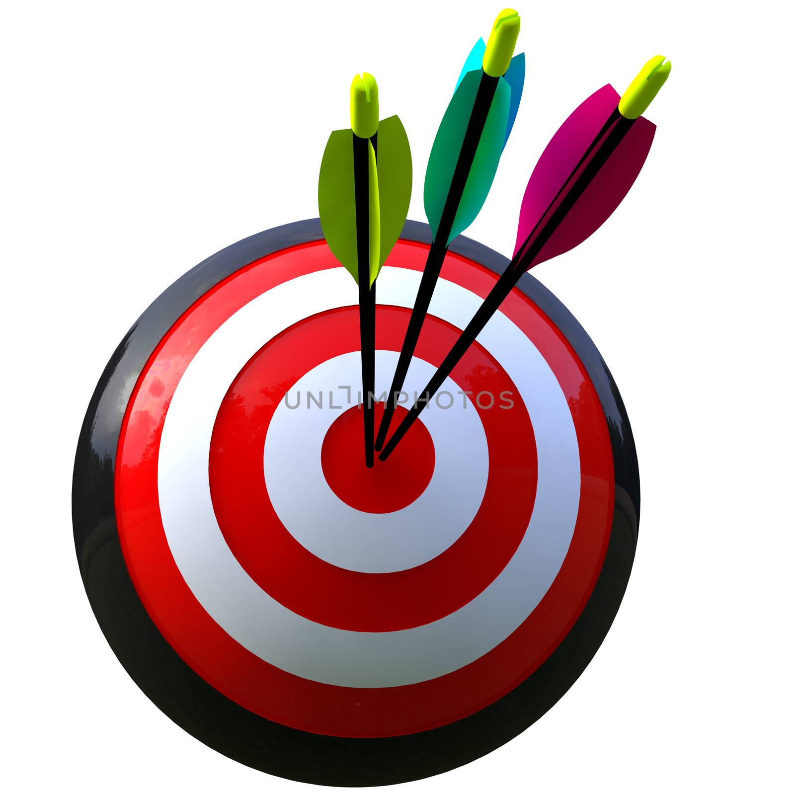 3D simulation of a ball target and three arrows in the center isolated and with clipping path