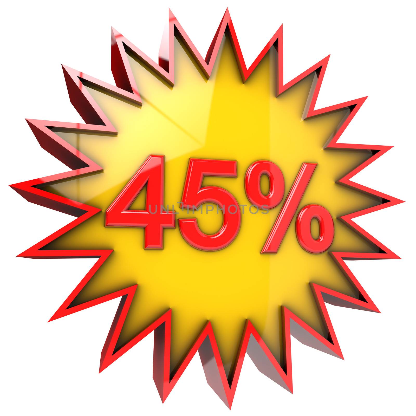discount star with forty five percent in 3d isolated with clipping path and alpha channel