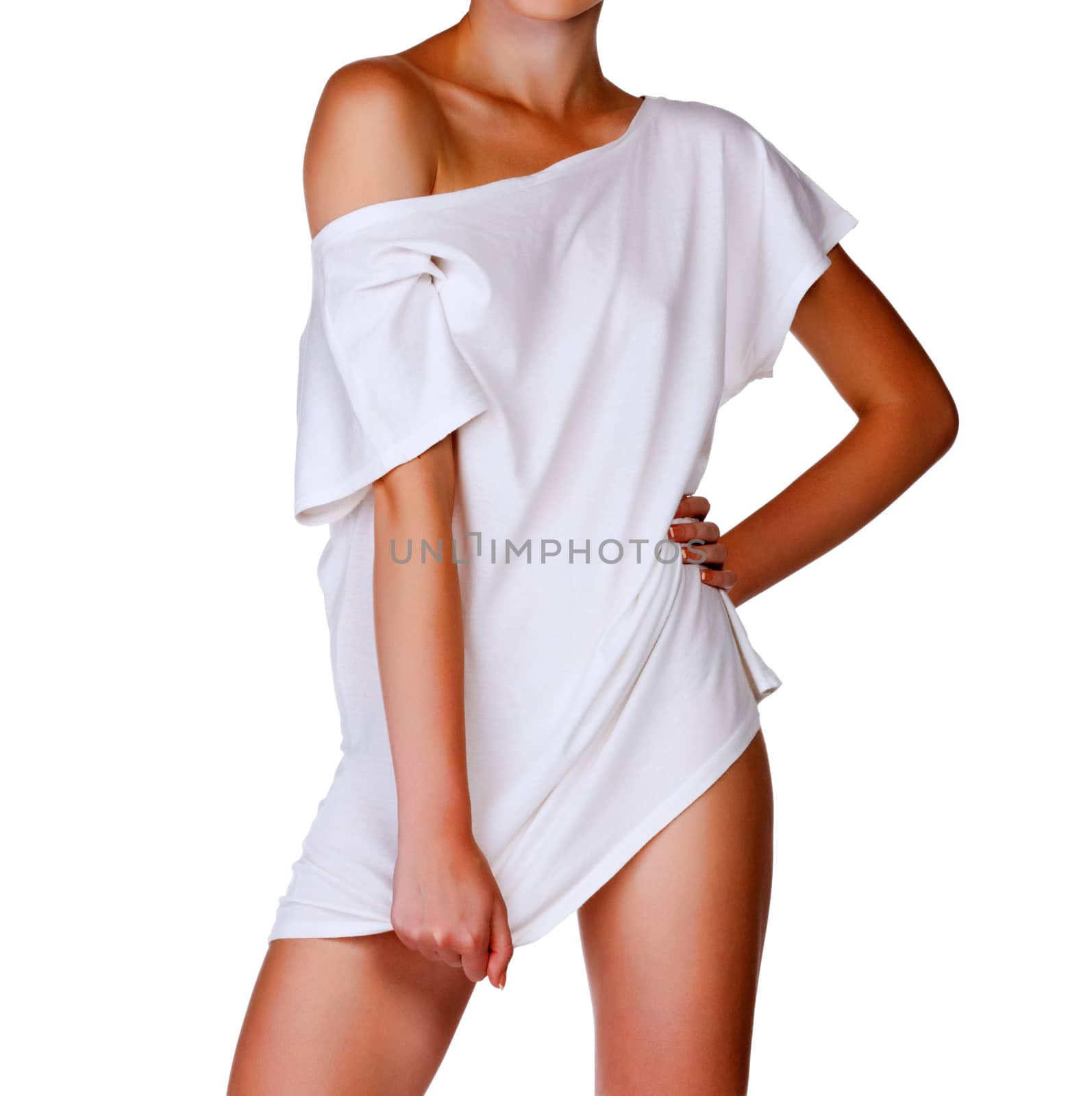 Slim woman in white t-shirt. White background, copyspace