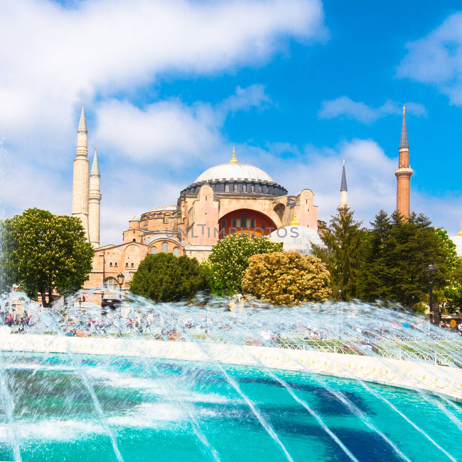 Hagia Sophia, former Orthodox patriarchal basilica (church), later a mosque, and now a museum as seen from Sultanahmet Park on a sunny day.; Istanbul, Turkey.