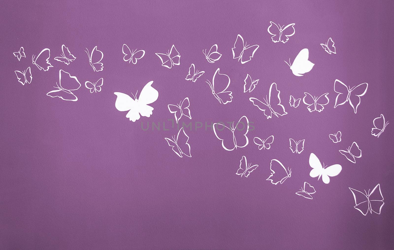 Group of white silhouettes butterflies flying over a violet background