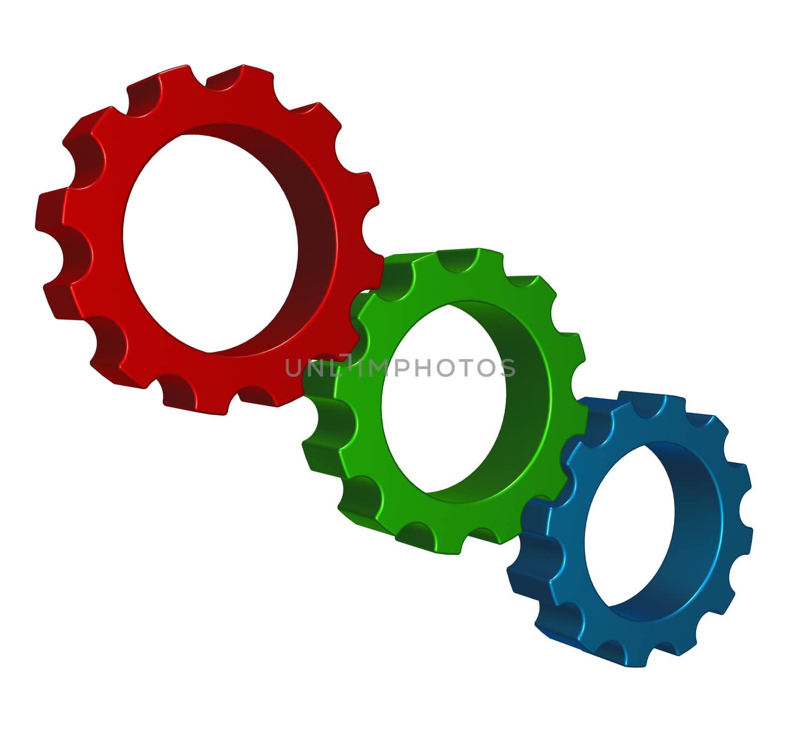 gear wheels in rgb colors on white background - 3d illustration