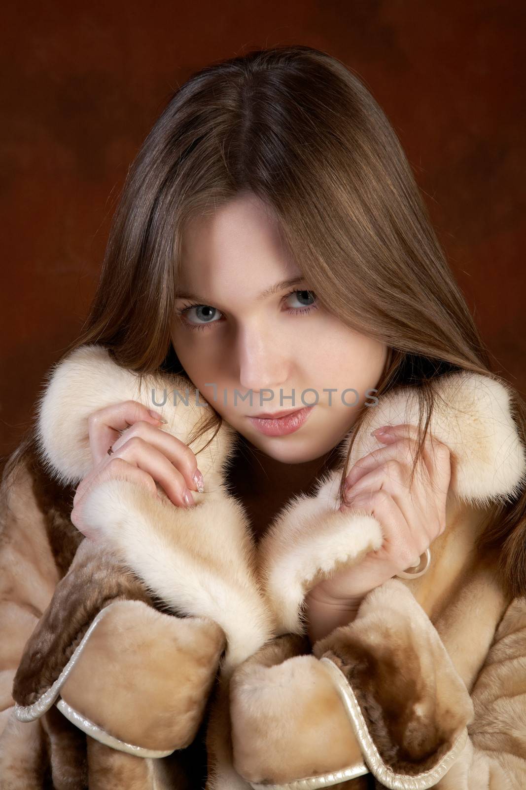 Studio portrait of the girl in a fur coat by alarich