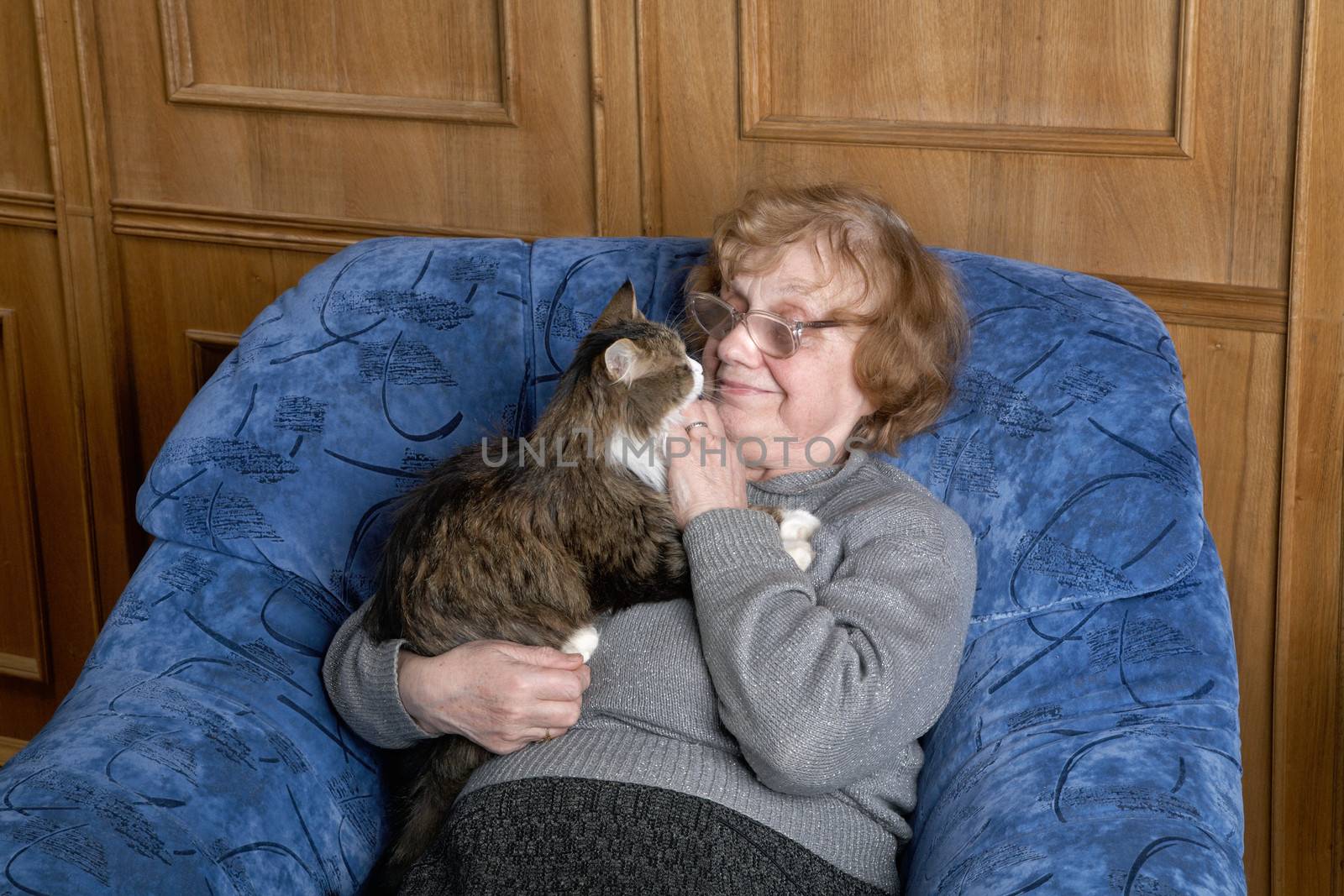 The grandmother with a cat in house conditions