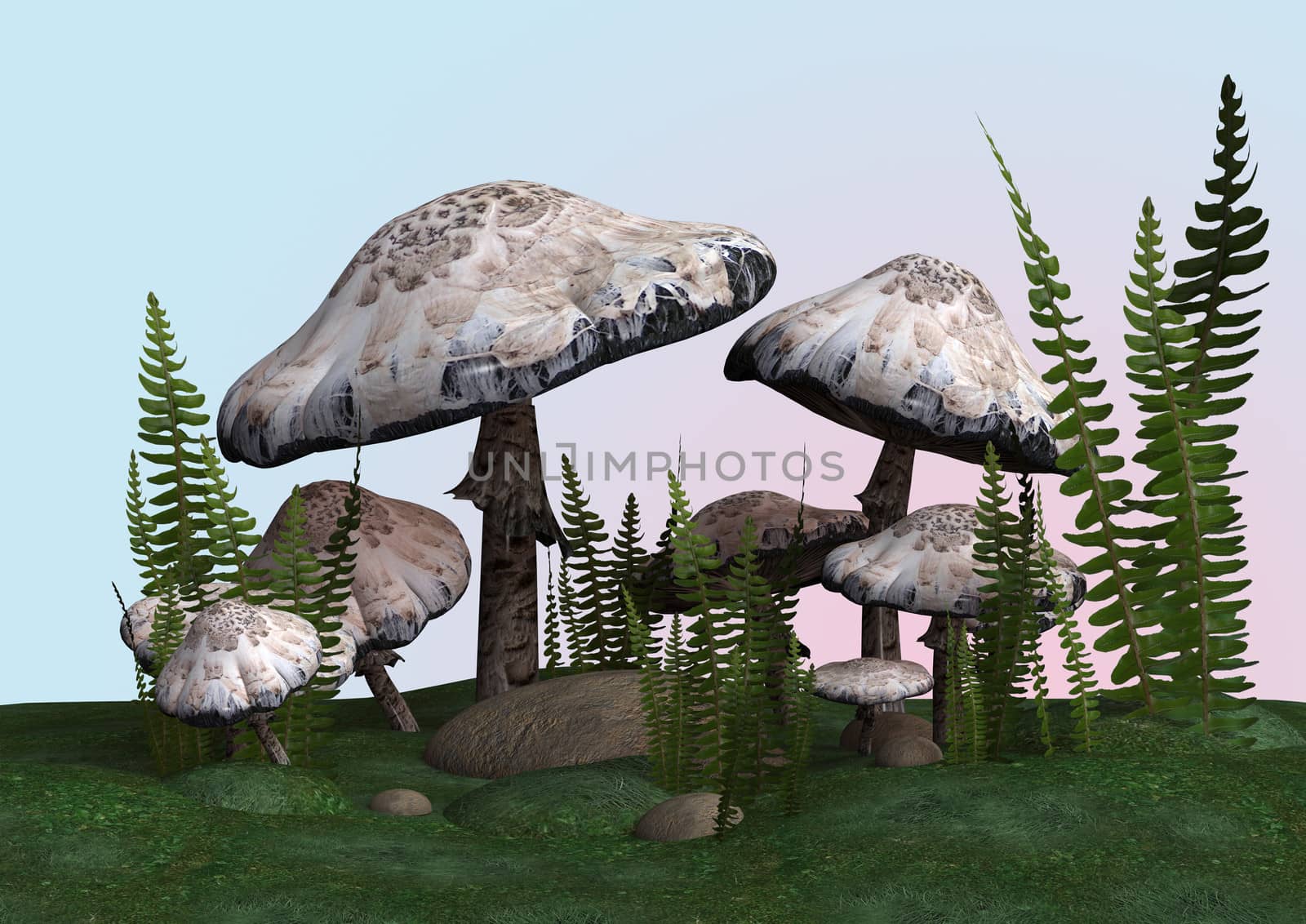 3D digital render of Amanita phalloides, or death cap, deadly poisonous basidiomycete fungus