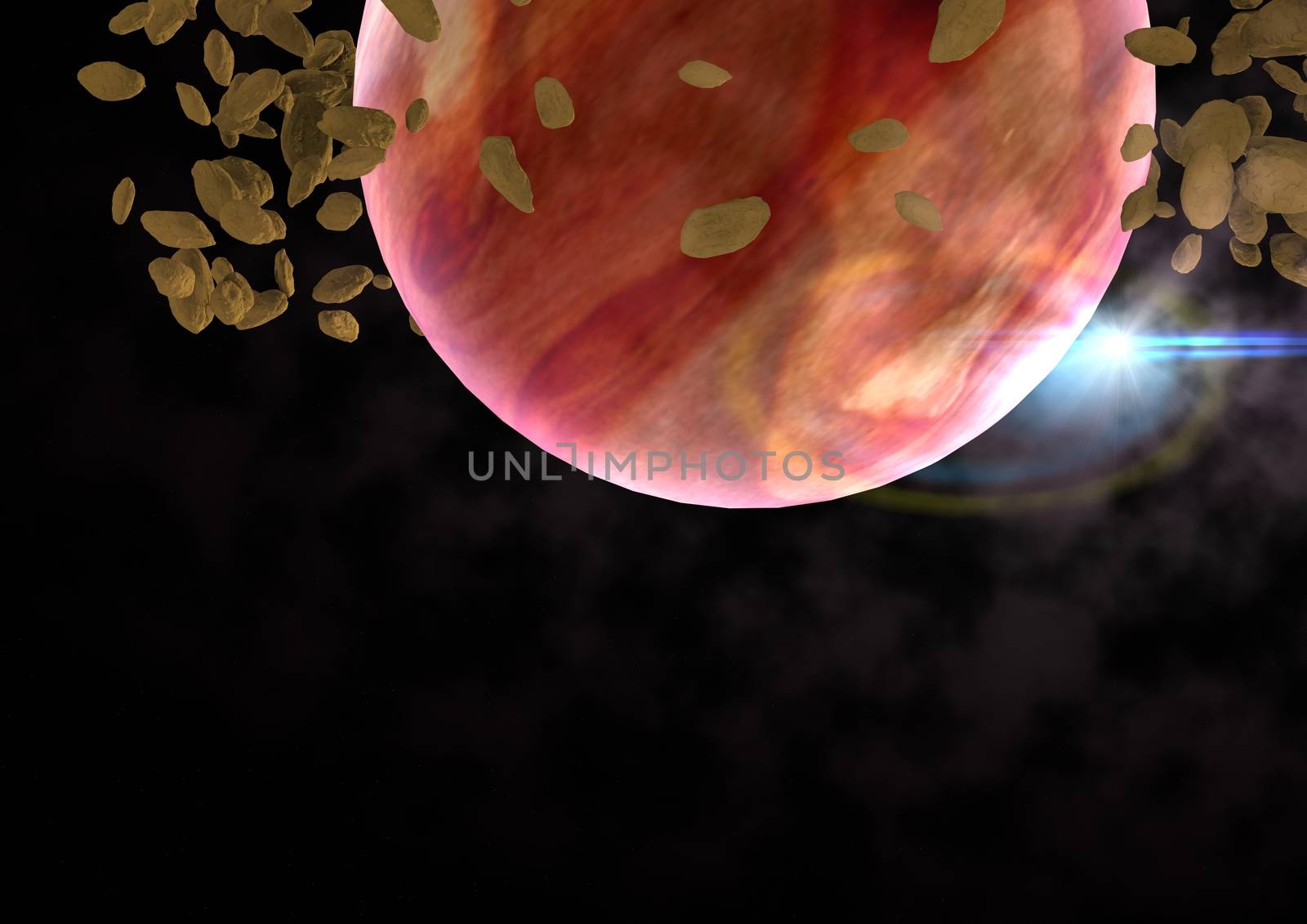 Far-out planet and asteroids in space opposite to stars. "Elements of this image furnished by NASA".