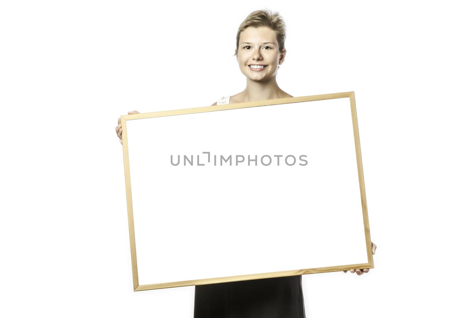 Young, beautiflul woman with blank board, isolated on white background