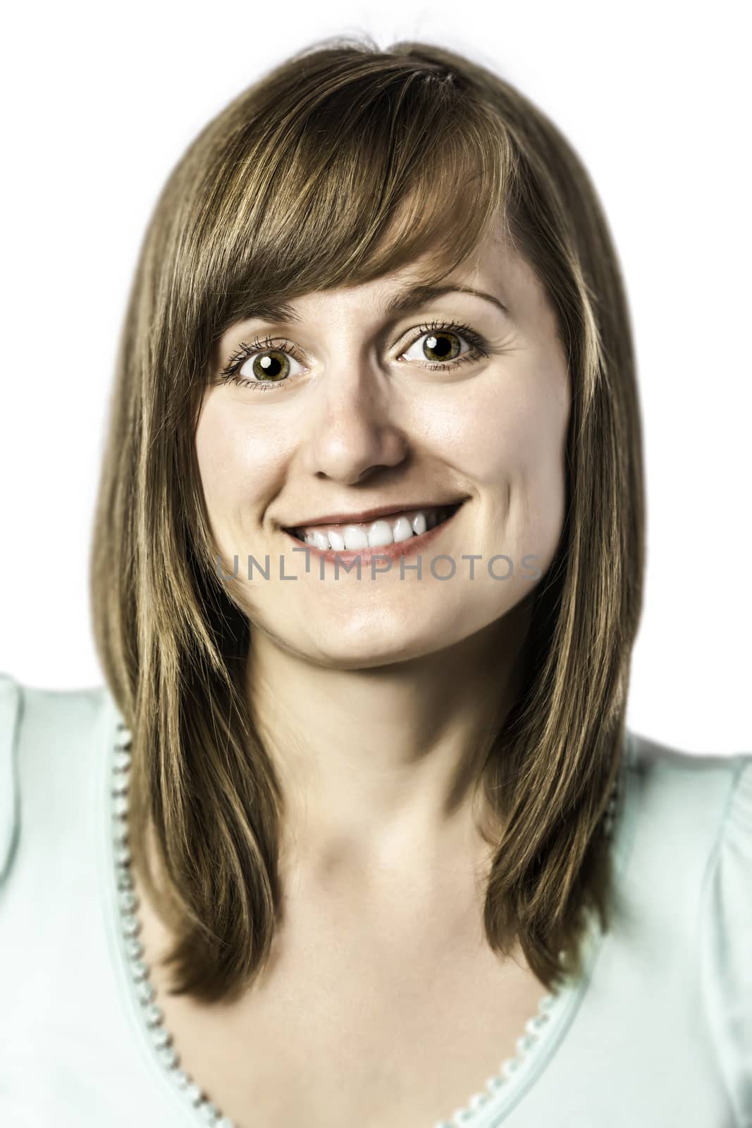 Portrait young of a young laughing woman, isolated on white background